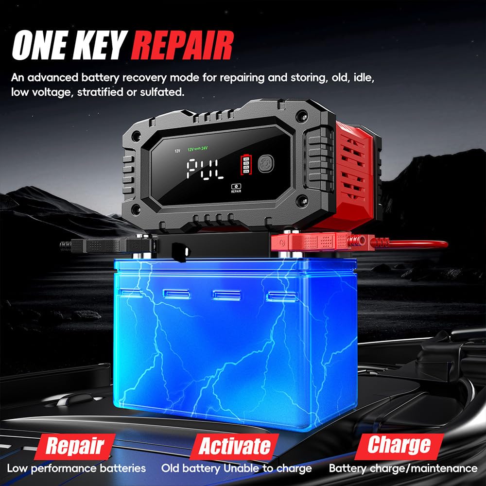 12V/24V Smart Battery Charger for Car, Truck, Motorcycle - Auto Maintenance & Repair