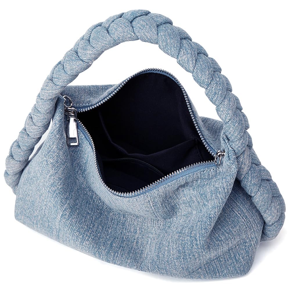 Trendy Women's Denim Clutch Handbag with Chain Strap - Stylish Jean Satchel Tote, Woven Top Handle & Crossbody Sling Bag for Casual Outings, Parties & Everyday Use