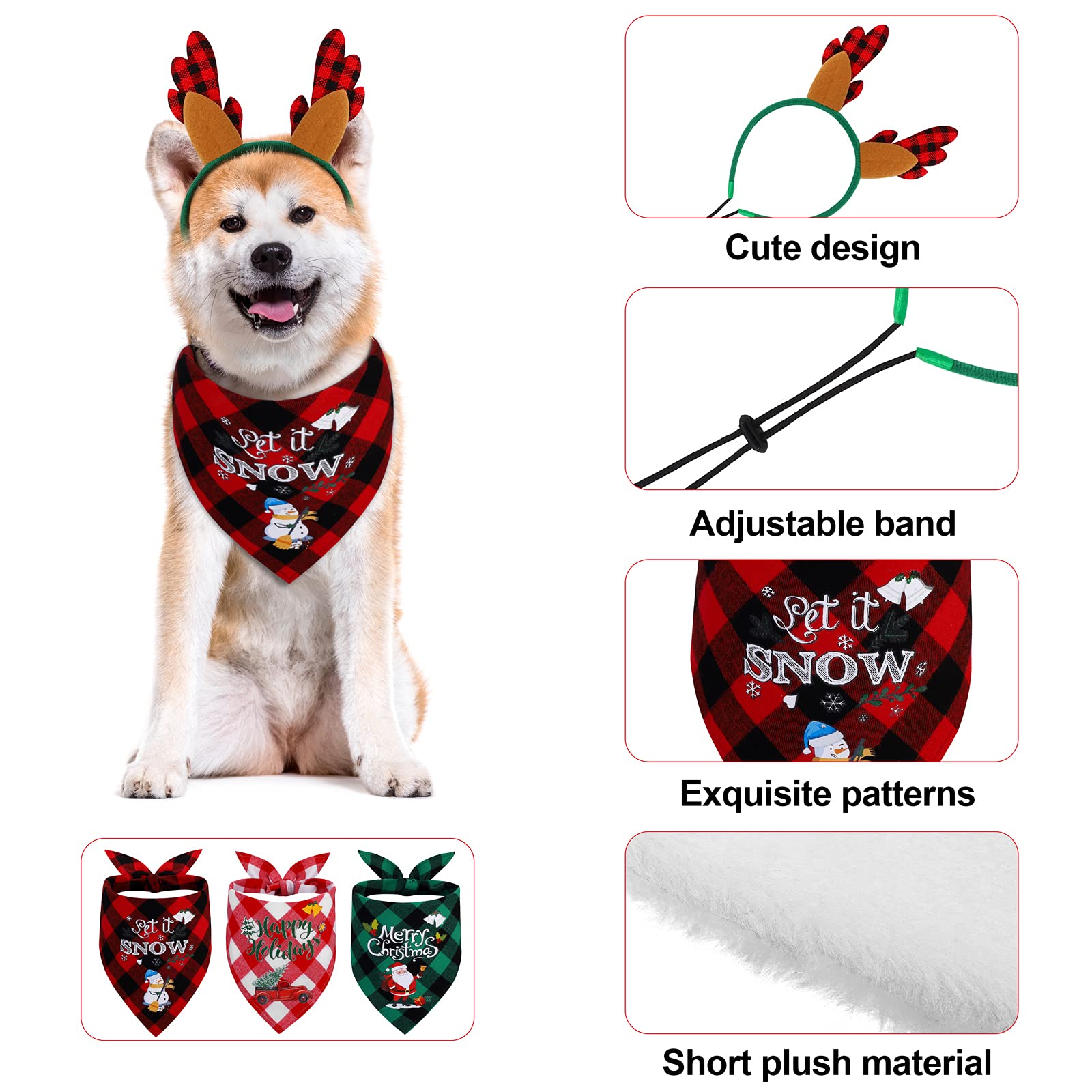 Christmas Pet Costume Set - Buffalo Plaid Scarf, Reindeer Antlers & Santa Hat for Dogs - Holiday Pet Decor & Photo Props