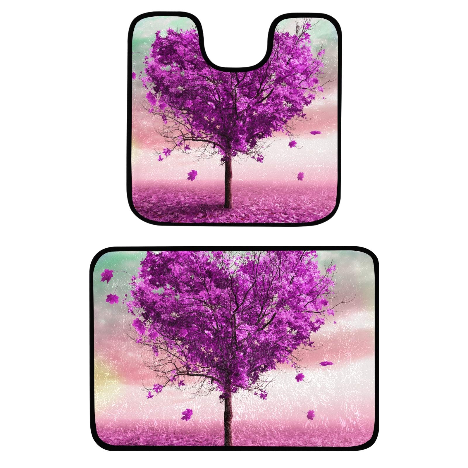 Non-Slip Plush Bath Mat Set - 2 Piece Heart-Shaped Purple Tree Bathroom Rugs with U-Shaped Toilet Mat | Super Absorbent Shower Mats for Tub, Bath & Bathroom Floor | Perfect for Cozy Home Spa Experience