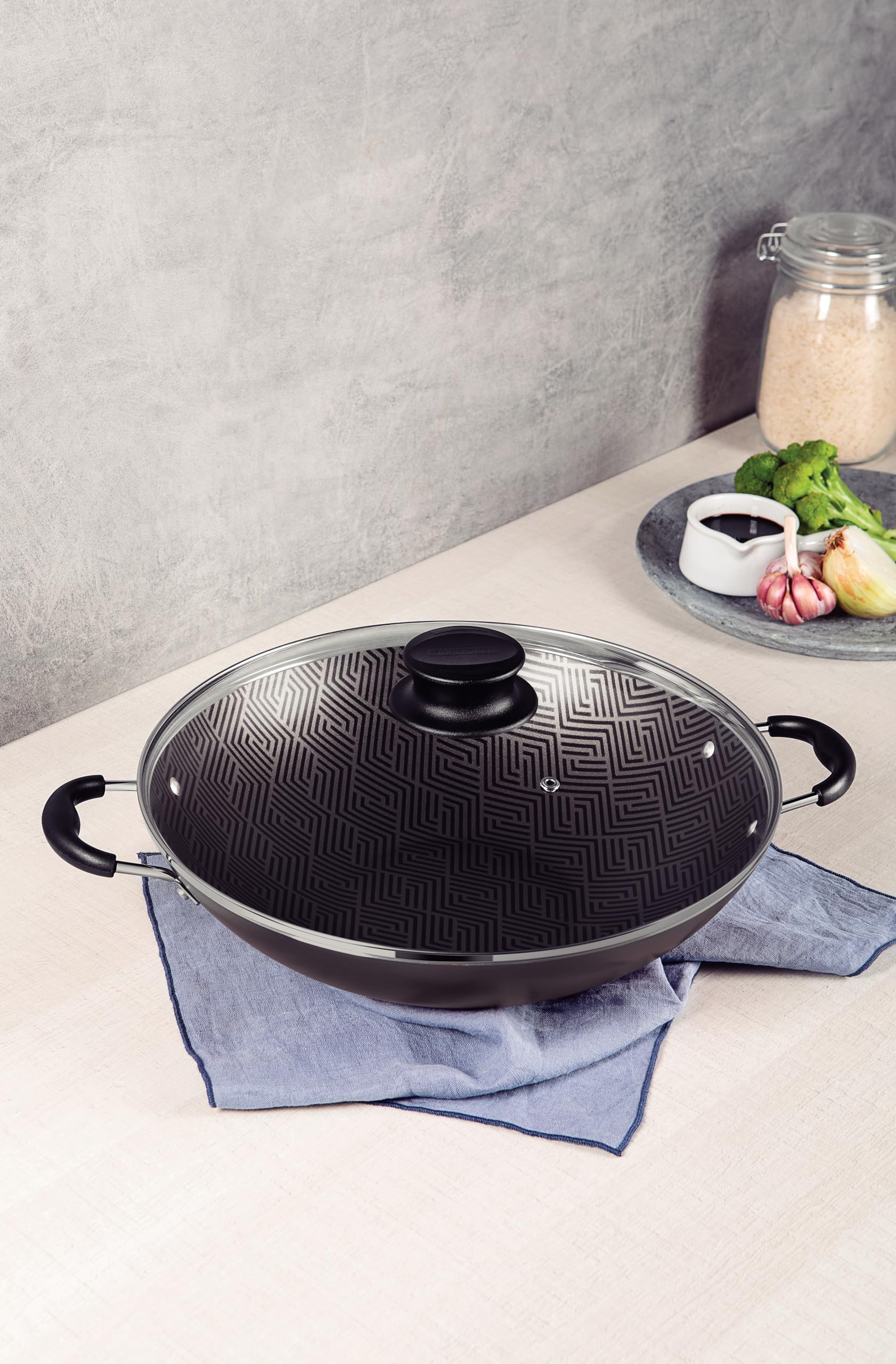 Tramontina Paris 36cm Aluminum Wok with Starflon Max Non-Stick Coating & Glass Lid - 6.0L Capacity - Perfect for Stir-Frying, Deep Frying & Asian Cooking