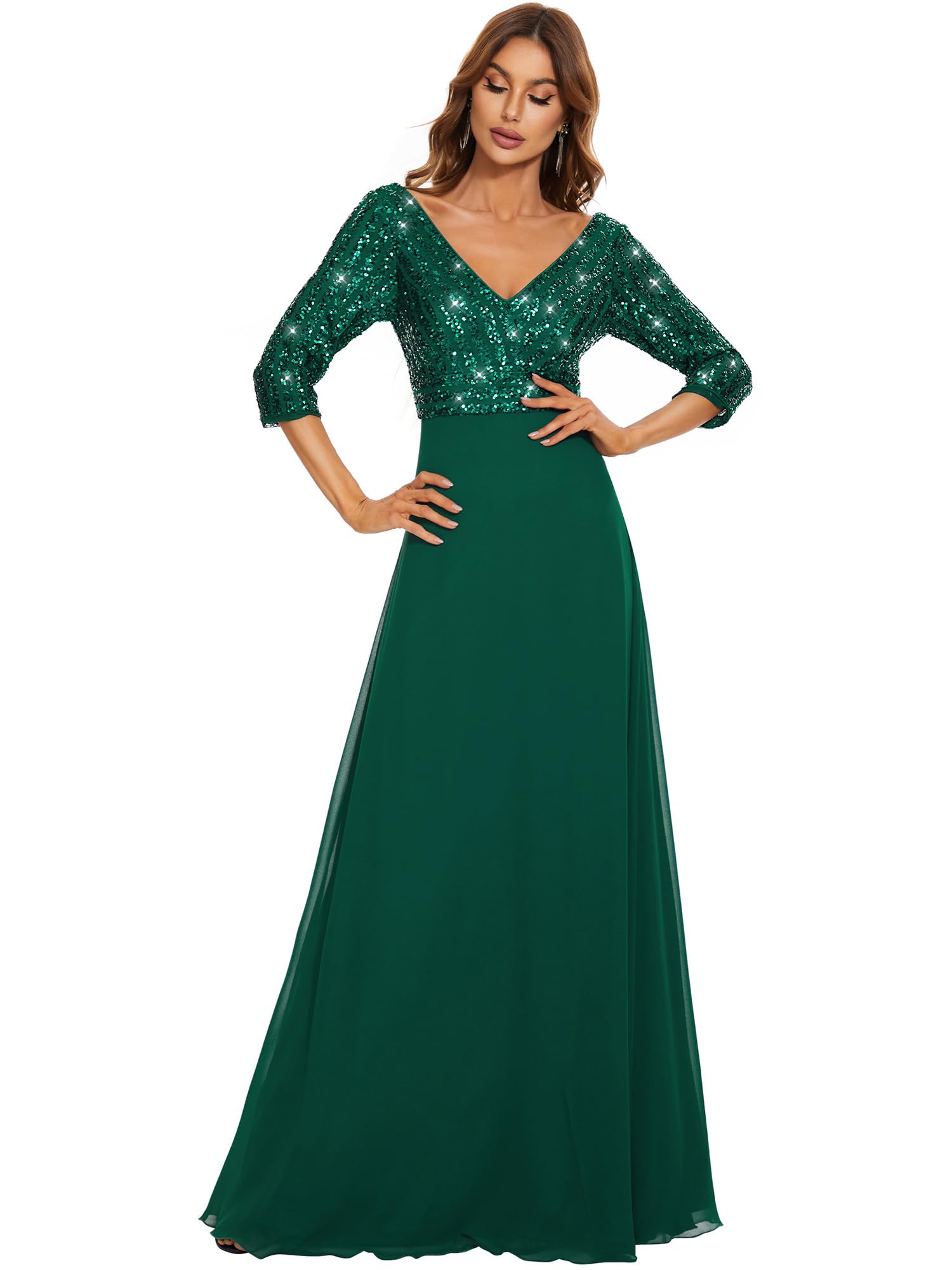 Ever-Pretty Women's Elegant V-Neck Long Sleeve Sequin Maxi Evening Dress - Formal Chiffon Gown for Prom, Wedding & Special Occasions