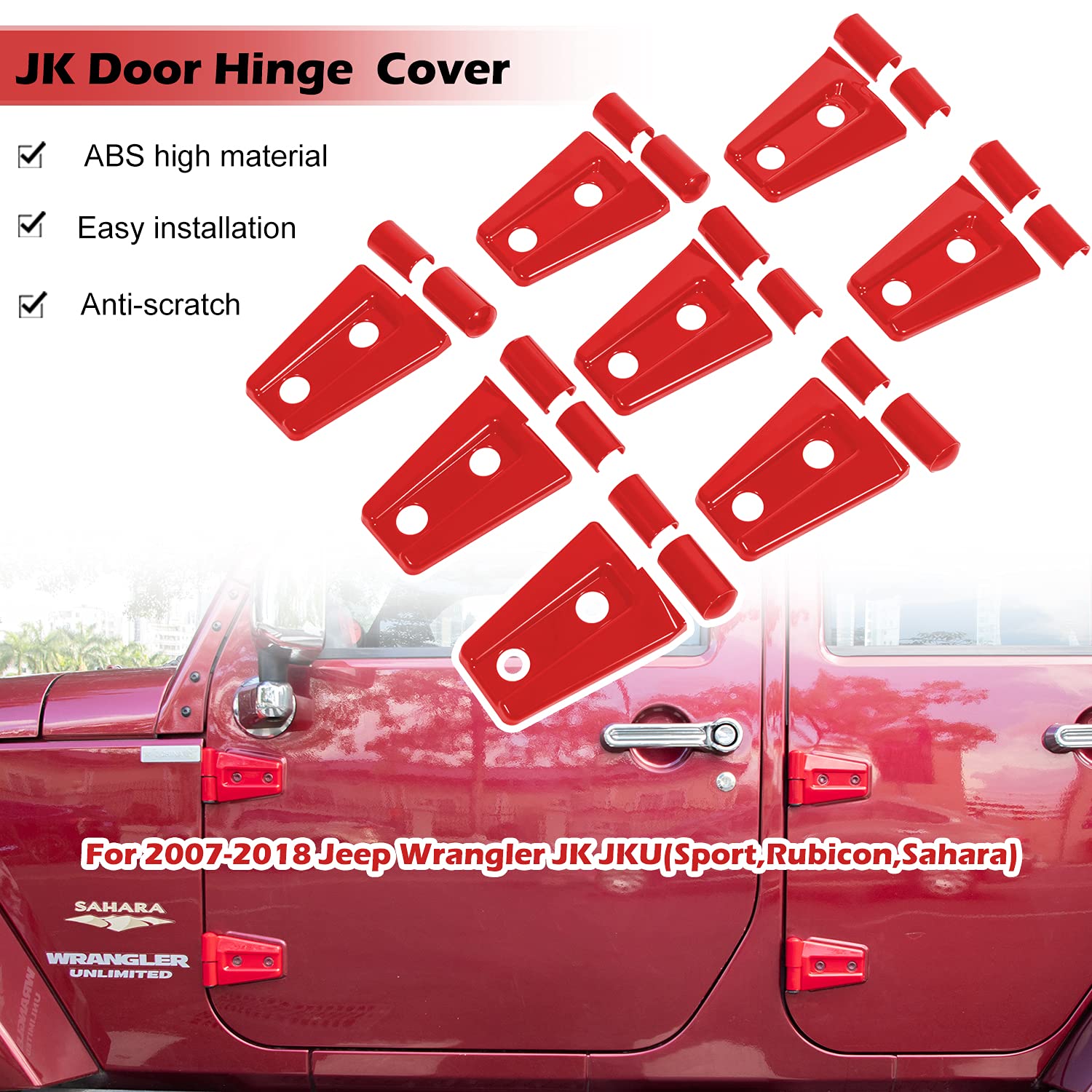 Jeep Wrangler JK JKU Door Hinge Cover Trim (2007-2018) - 8PCS Red Exterior Accessories for 2&4 Door Models - Protect & Enhance Your Jeep's Style On & Off Road