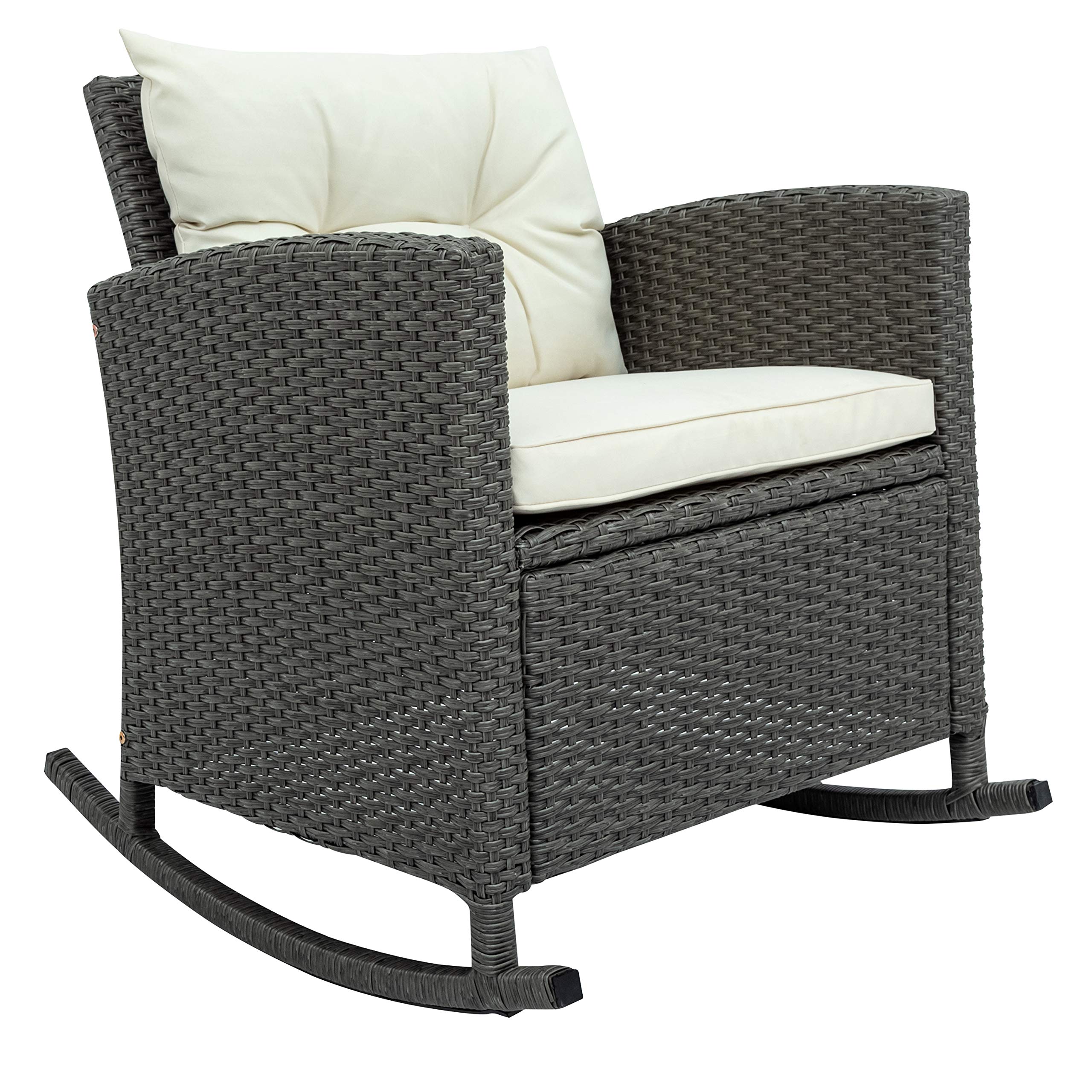 3-Piece Outdoor Patio Furniture Set - Wicker Rocking Armrest Chairs with Cushions & Glass-Top Coffee Table - Modern Beige Garden Set for Small Spaces | Perfect for Backyard, Balcony or Poolside Relaxation