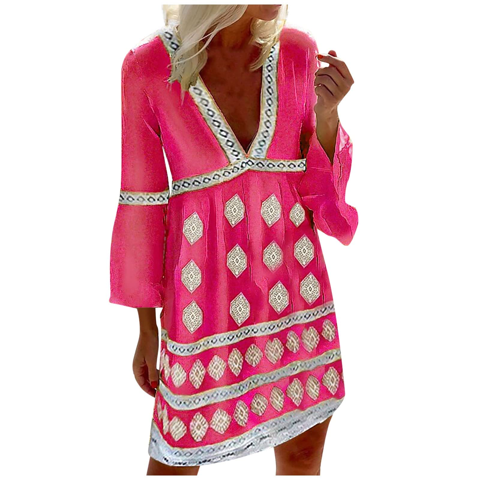 Elegant Women's Wedding Guest Dress - Casual Printed V-Neck Midi Dress with 3/4 Sleeves for Winter | Perfect for Cocktail Parties, Holiday Gatherings & Special Occasions