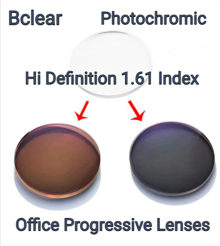 BCLEAR 1.61 Index High-Definition Progressive Photochromic Lenses for Office & Computer Use - Blue Light Blocking, Anti-Fatigue, Indoor/Outdoor Transition Glasses for Professionals & Gamers