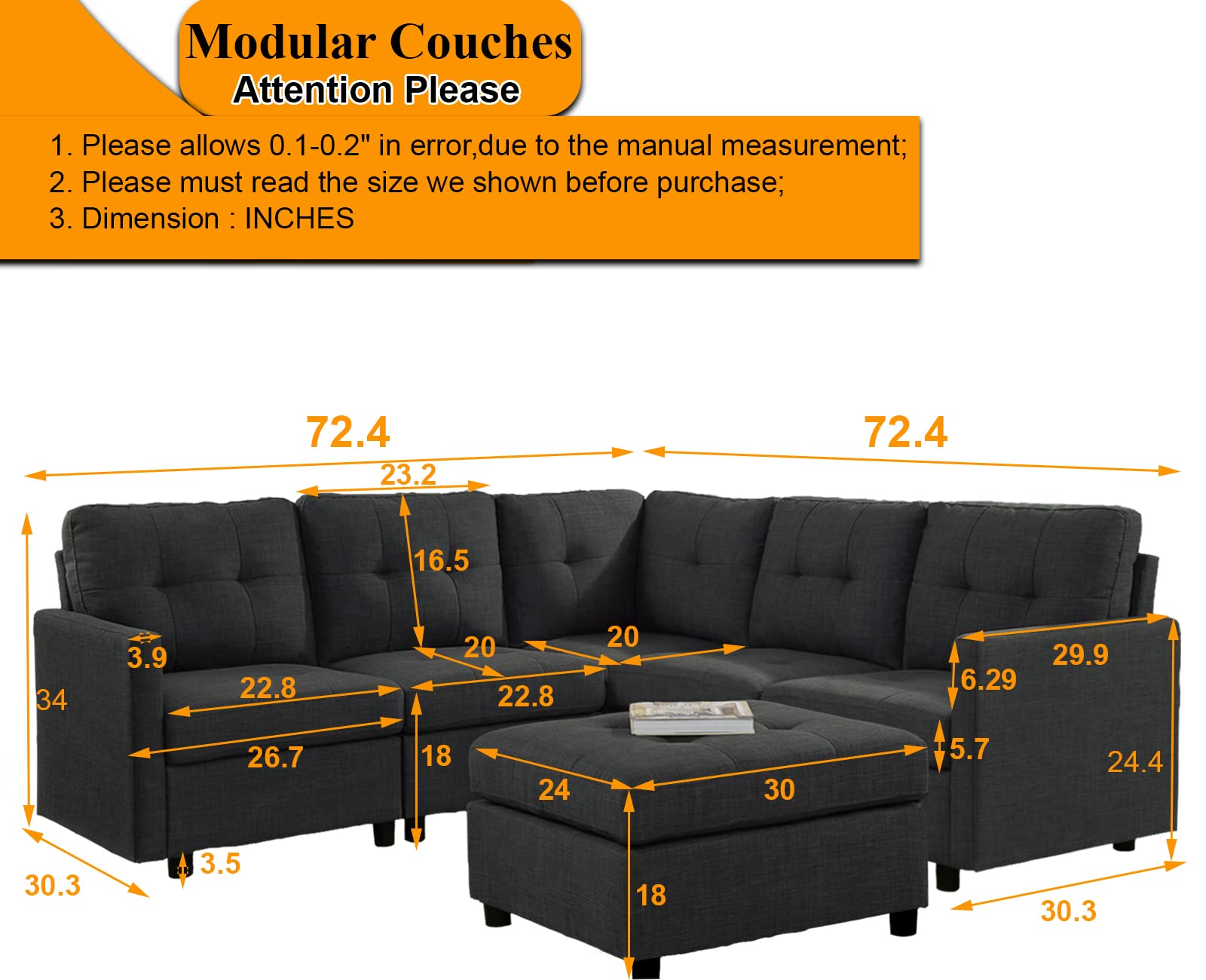 **Asunflower Modular L-Shaped Sectional Sofa with Ottoman - 5-Seater Corner Fabric Couch, Modern Convertible Living Room Sofa for Apartment, Home Office - Perfect for Small Spaces & Family Gatherings**