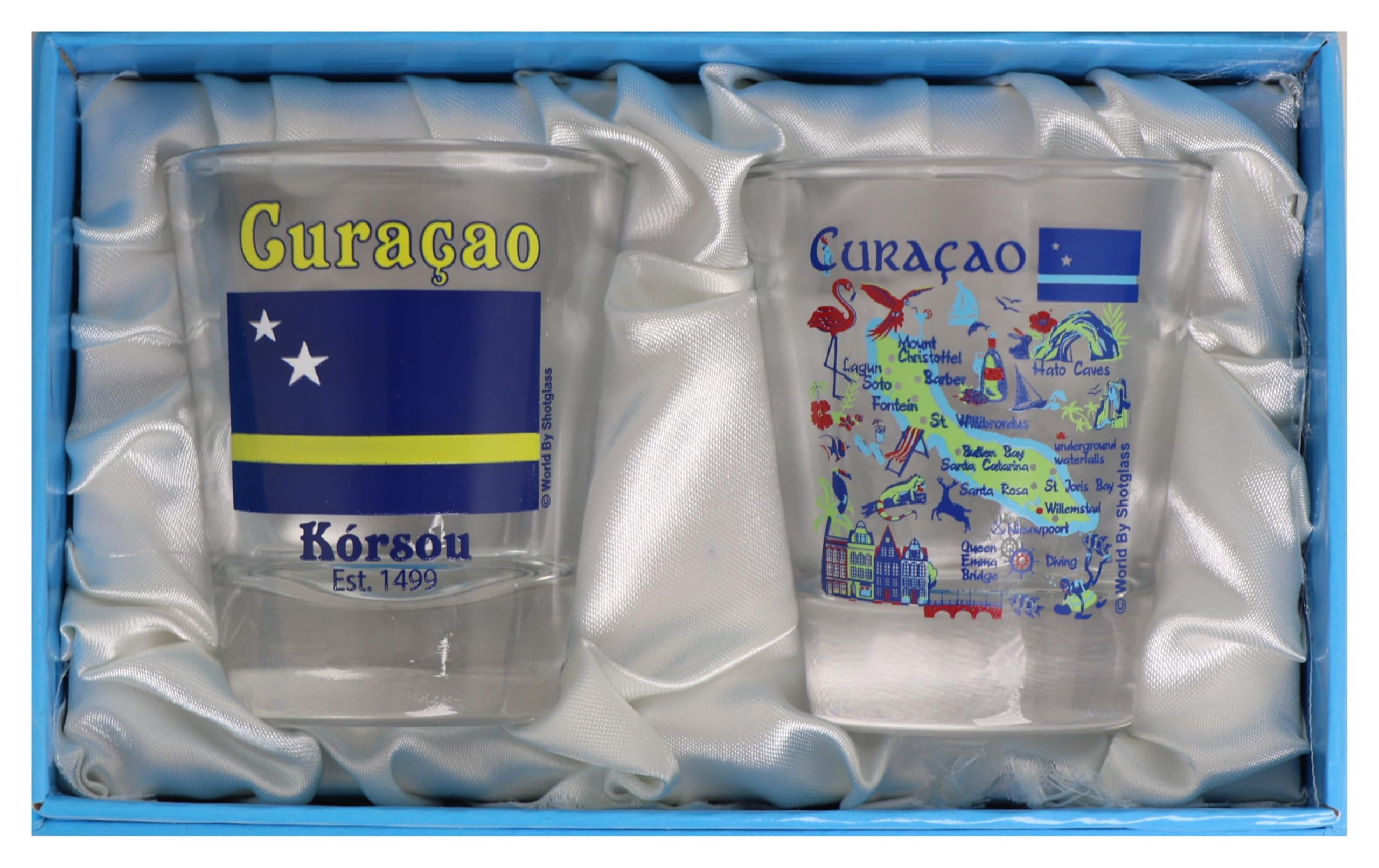Premium Curacao Caribbean Boxed Shot Glass Set - Set of 2 Glass Cups for Tequila, Whiskey & Cocktails - Perfect for Parties, Bars & Home Entertaining