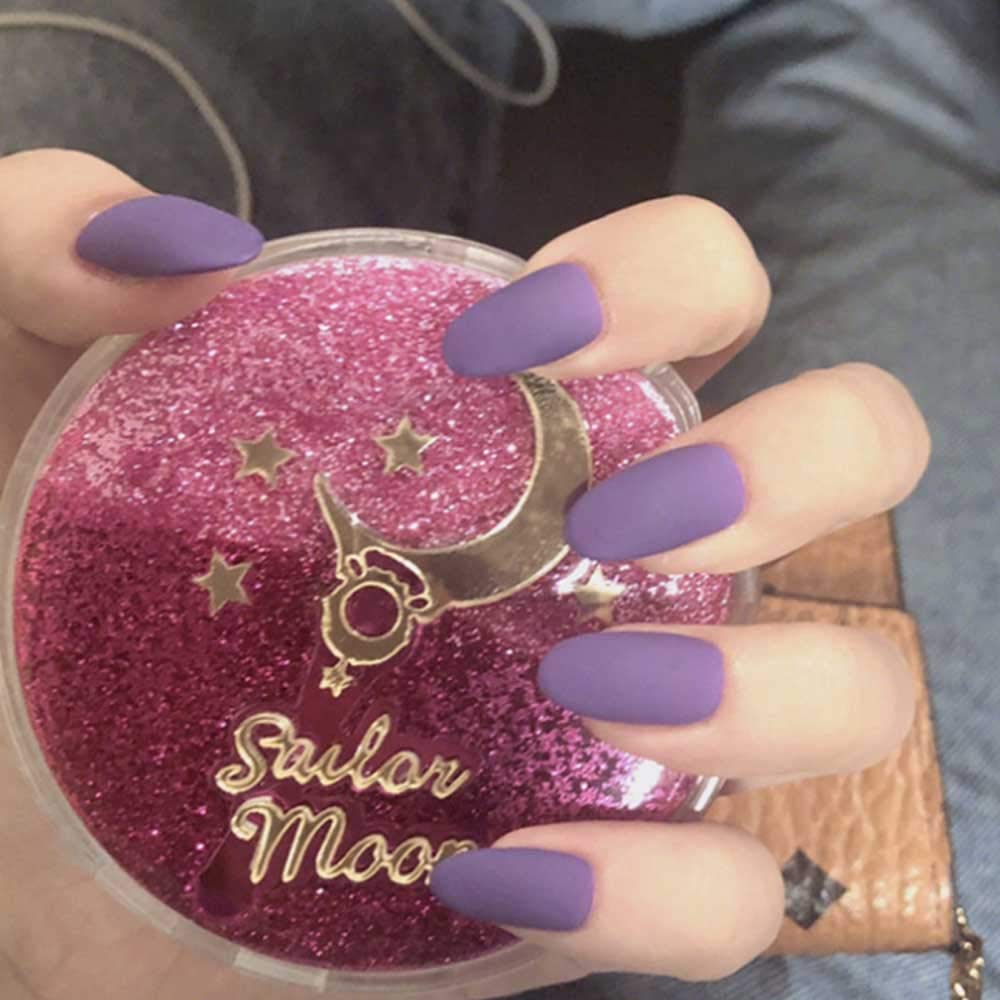24Pcs Matte Medium Long Round Press On False Nails - Grey Purple Acrylic Full Coverage Fake Nails for Women | Natural Look, Easy Application, Perfect for Parties, Weddings & Special Occasions