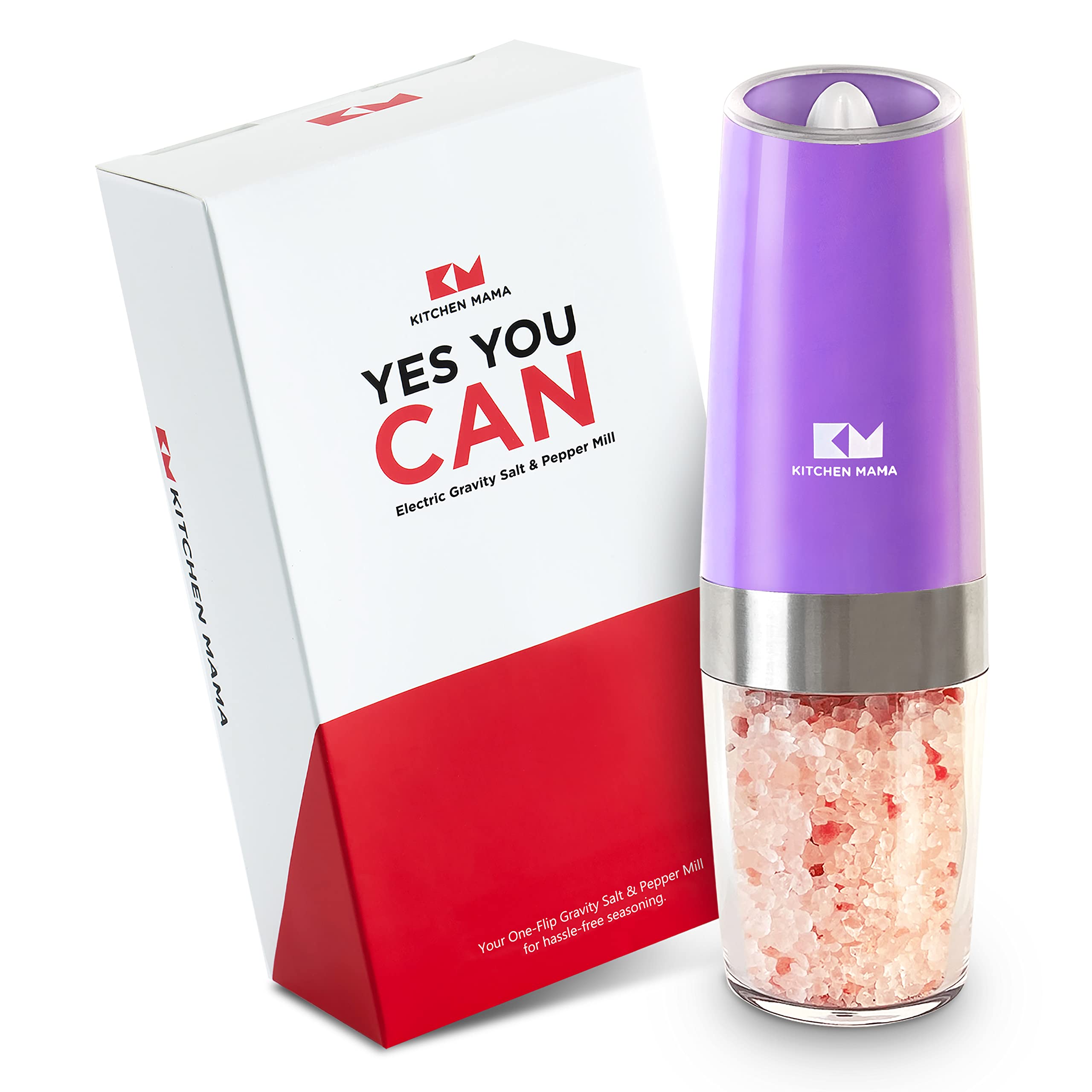 Kitchen Mama Electric Salt and Pepper Grinder - One-Flip Trigger, Adjustable Coarseness, Battery Operated & Refillable - Perfect for Black Peppercorns, Sea Salt - Ideal for Cooking, Dining & Gourmet Seasoning (Purple)