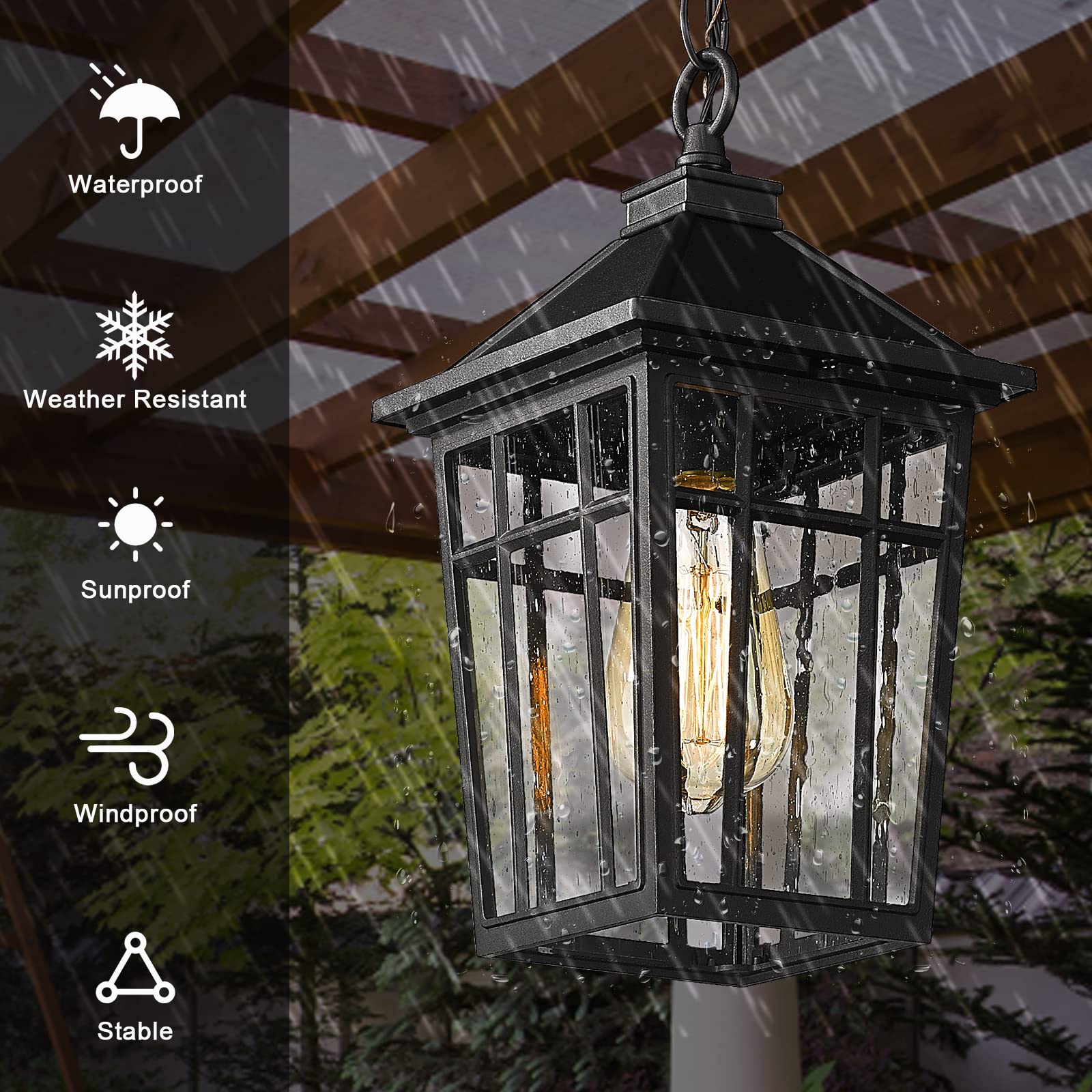 Darkaway Outdoor Pendant Light Fixture - Waterproof Rust-Resistant Aluminum Hanging Light with Seeded Glass for Porch, Entryway, Doorway - Farmhouse Black Style - Perfect for Patio, Deck, Garden & Outdoor Dining Areas