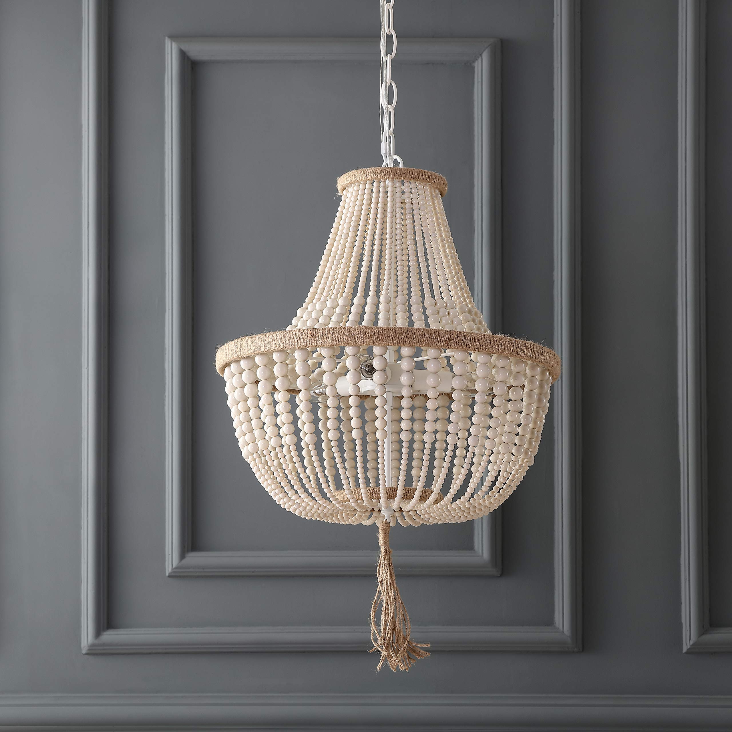 SAFAVIEH Lush Kristi Boho Farmhouse 17-inch 3-Light Adjustable Hanging Pendant Light with Beaded Tassel - Cream (LED Bulbs Included) | Perfect for Dining Room, Kitchen Island & Bedroom Lighting
