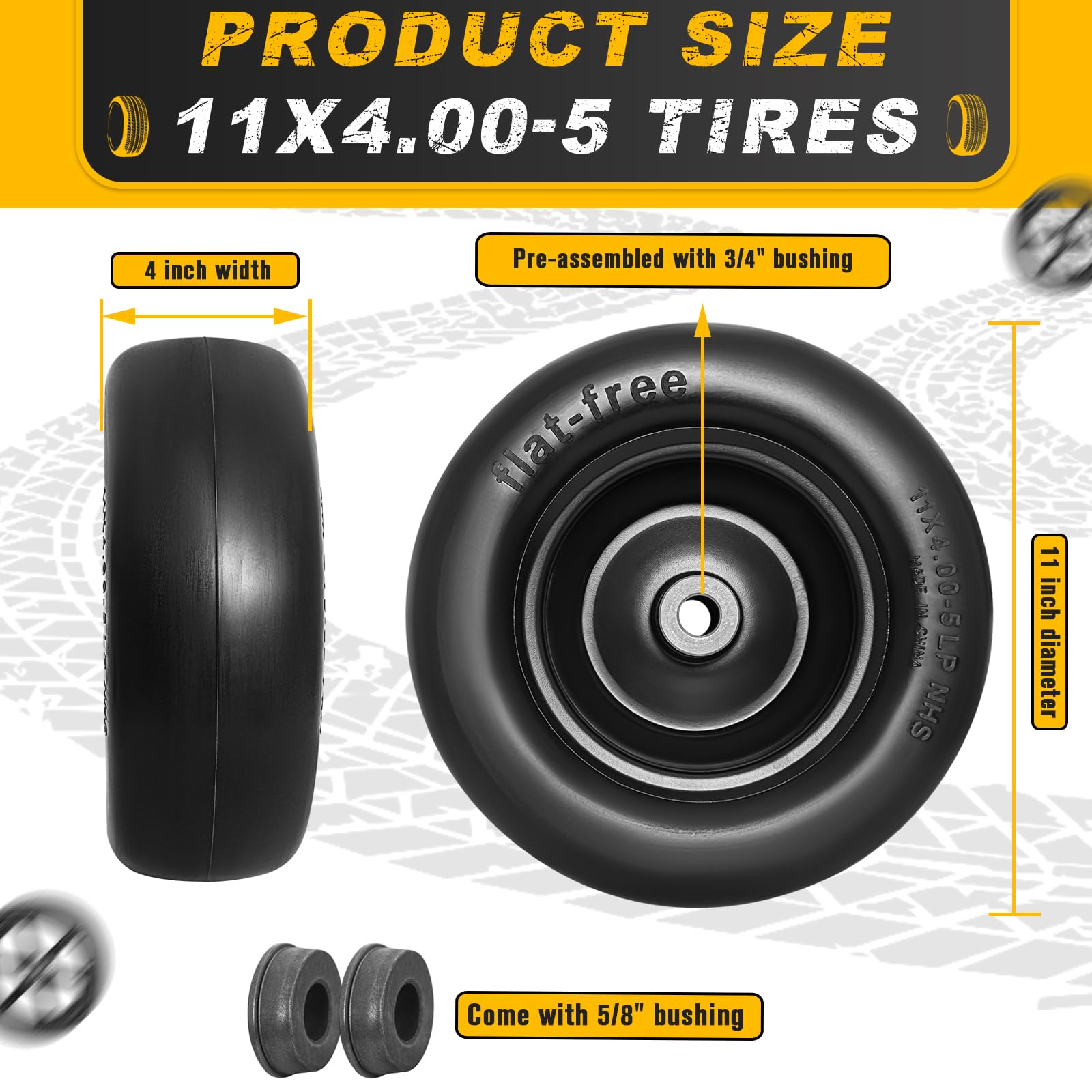 11x4.00-5 Flat Free Lawn Mower Tires - 2 Pack Solid Smooth Tractor Tires with 3/4