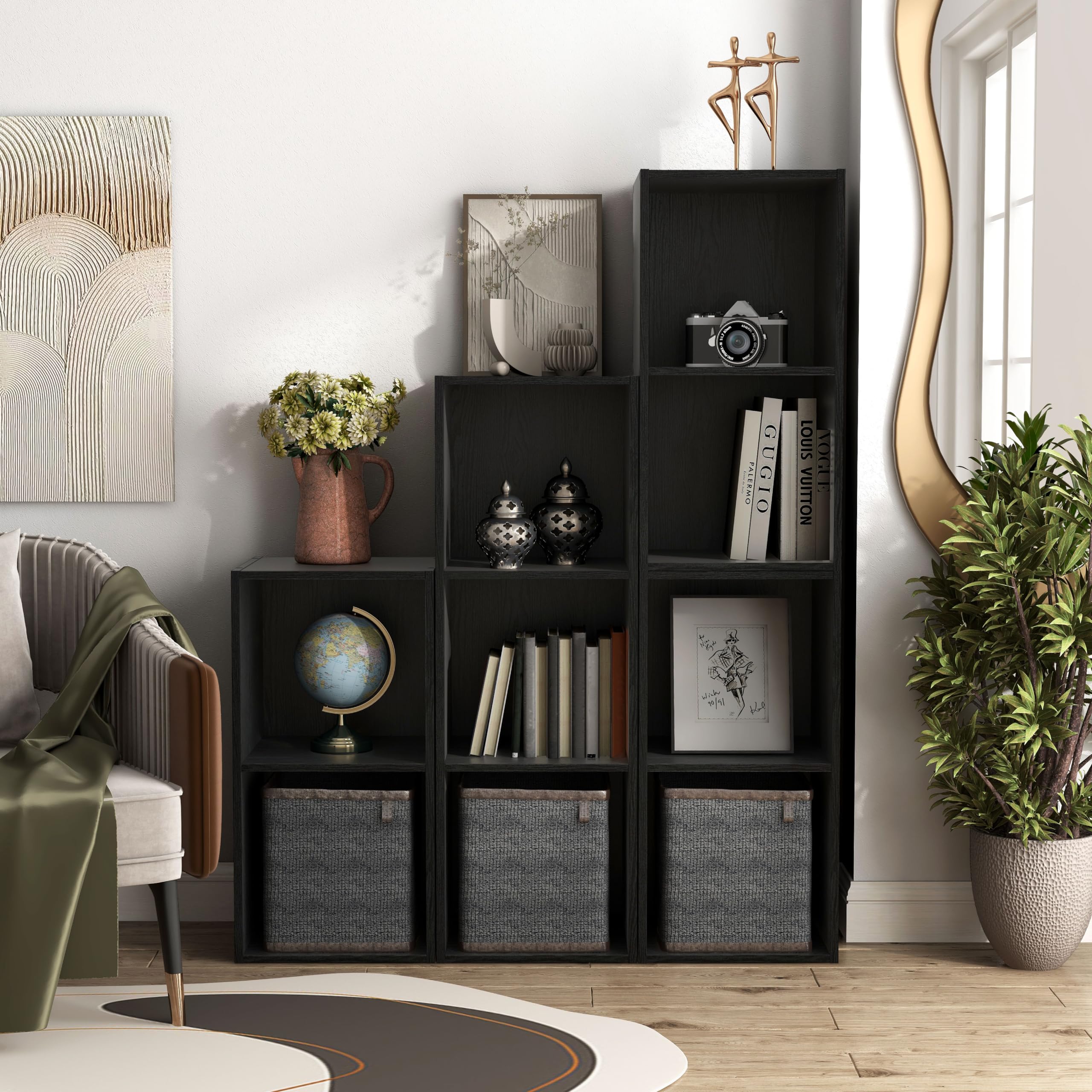 Apexa 2 Cube Storage Organizer Shelves - Stackable Wood Bookcase with Cubby Bins for Home Organization | Dorm Room, Teen Bedroom & Home Office Decor | Perfect for Books, Toys & Storage Bins (Black)