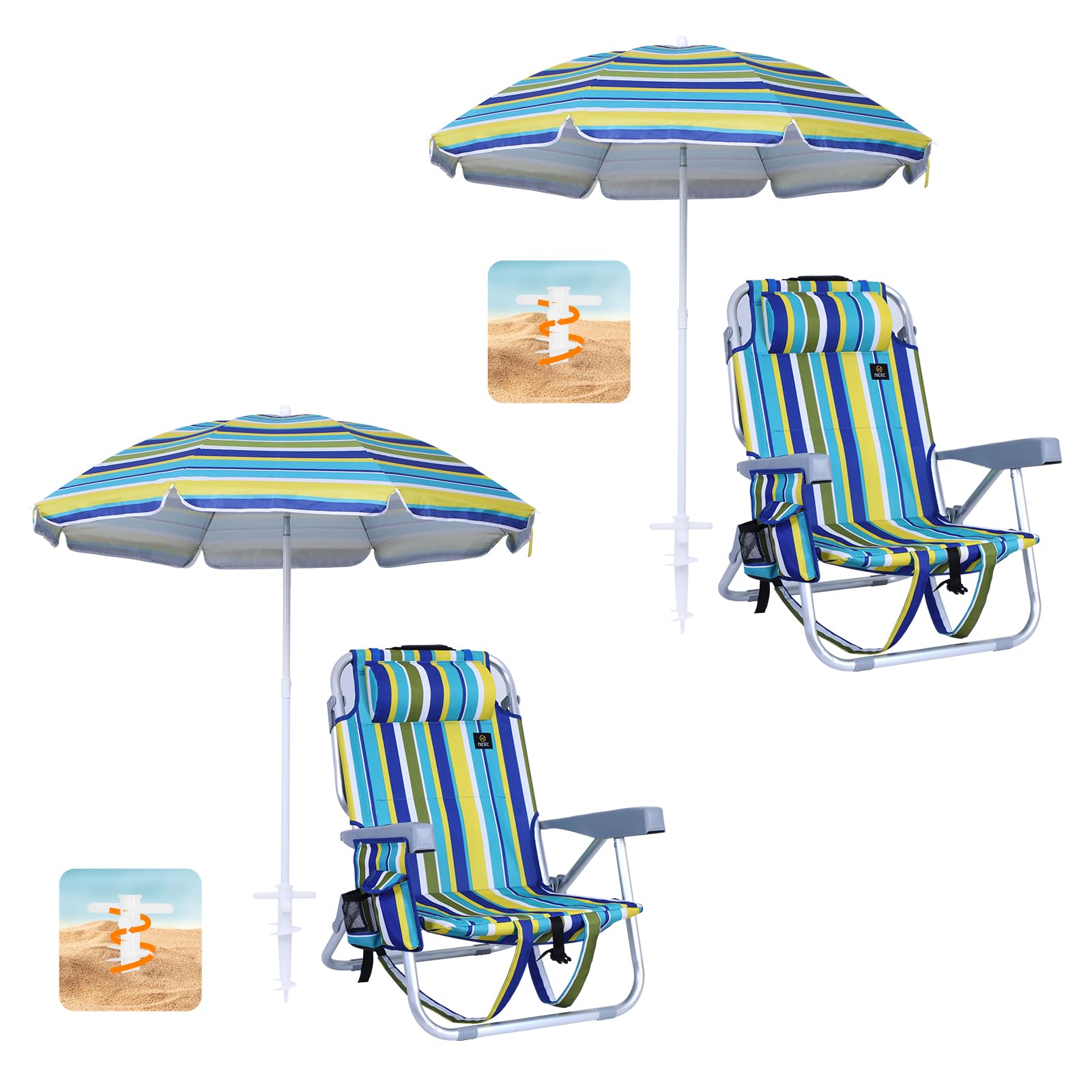 Premium 2-Pack Heavy Duty Beach Chairs with Umbrella, Backpack Straps, Cooler & Cup Holder - High Back Sand Chairs for Adults - Perfect for Beach, Poolside, Camping & Outdoor Relaxation