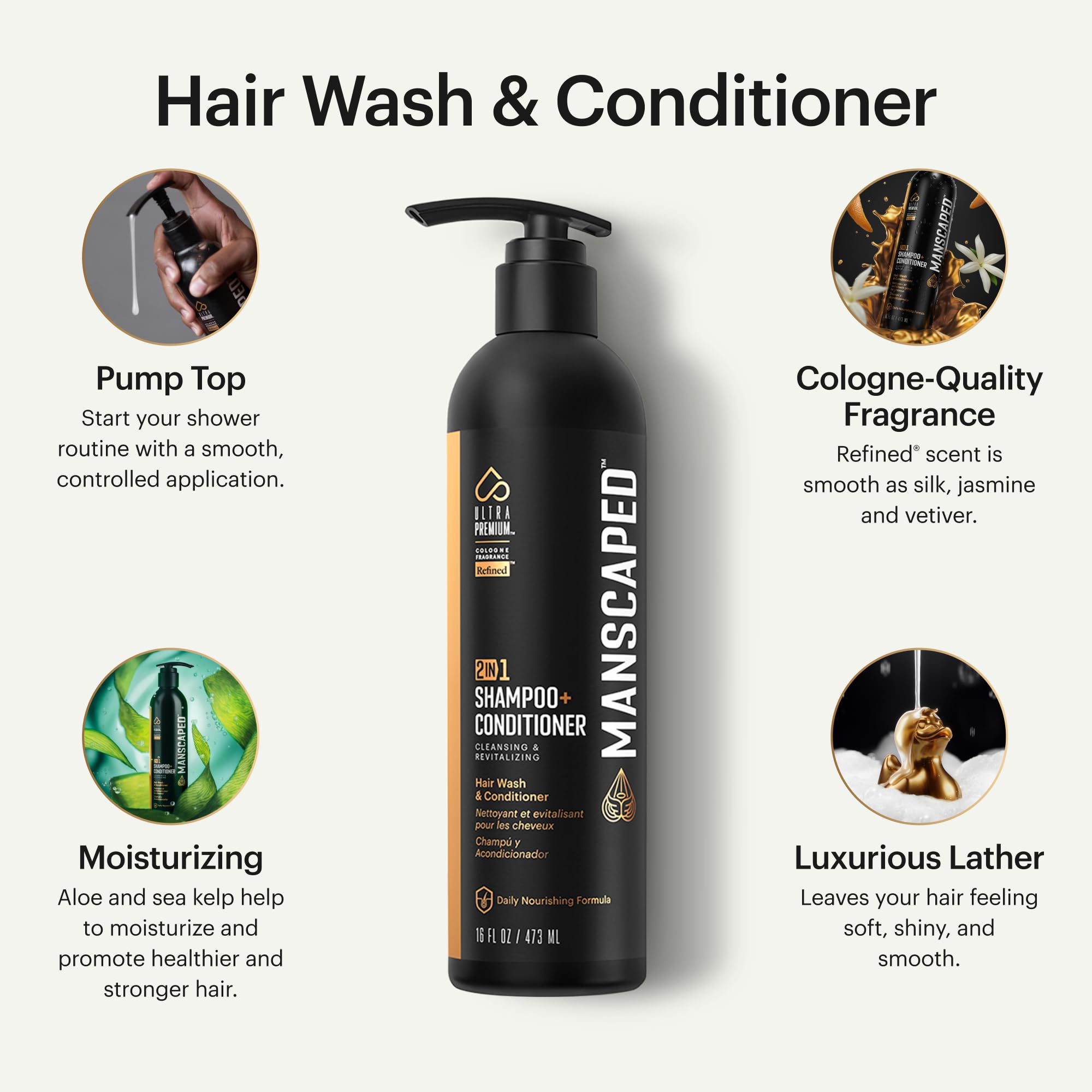 MANSCAPED® 2 In 1 Shampoo & Conditioner for Men - Ultra Premium Hair Care with Sea Kelp, Coconut Water & Aloe Vera - Nourishing & Hydrating Formula (16 oz) - Perfect for Daily Shower & Grooming Routine