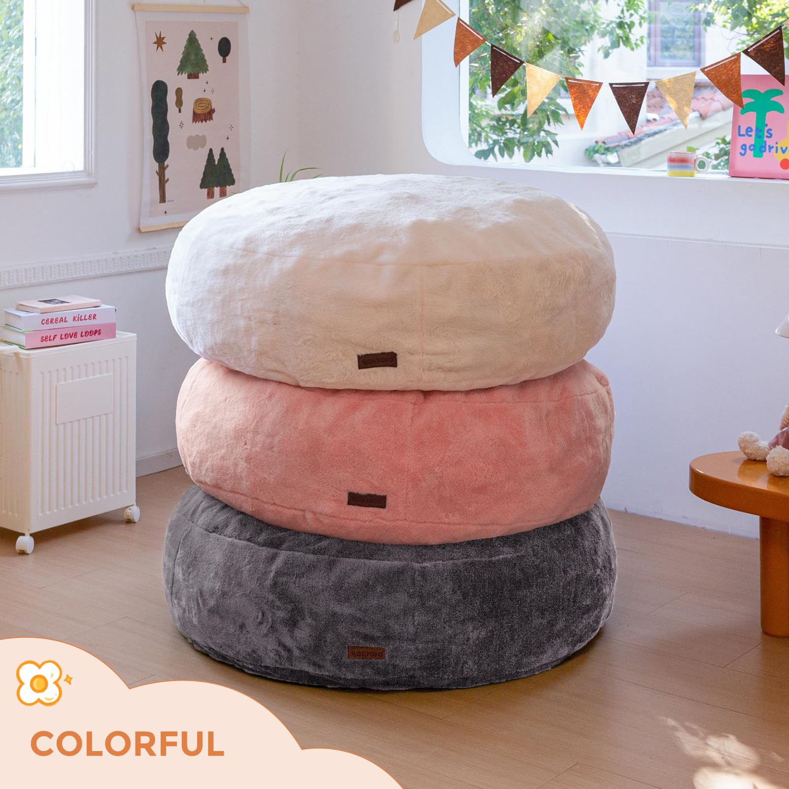 MAXYOYO 3-in-1 Kids Bean Bag Chair Bed - Convertible Faux Fur Round Floor Sofa for Children's Room, Gaming & Reading Nook - Dark Grey - Perfect for Playrooms, Bedrooms & Cozy Corners