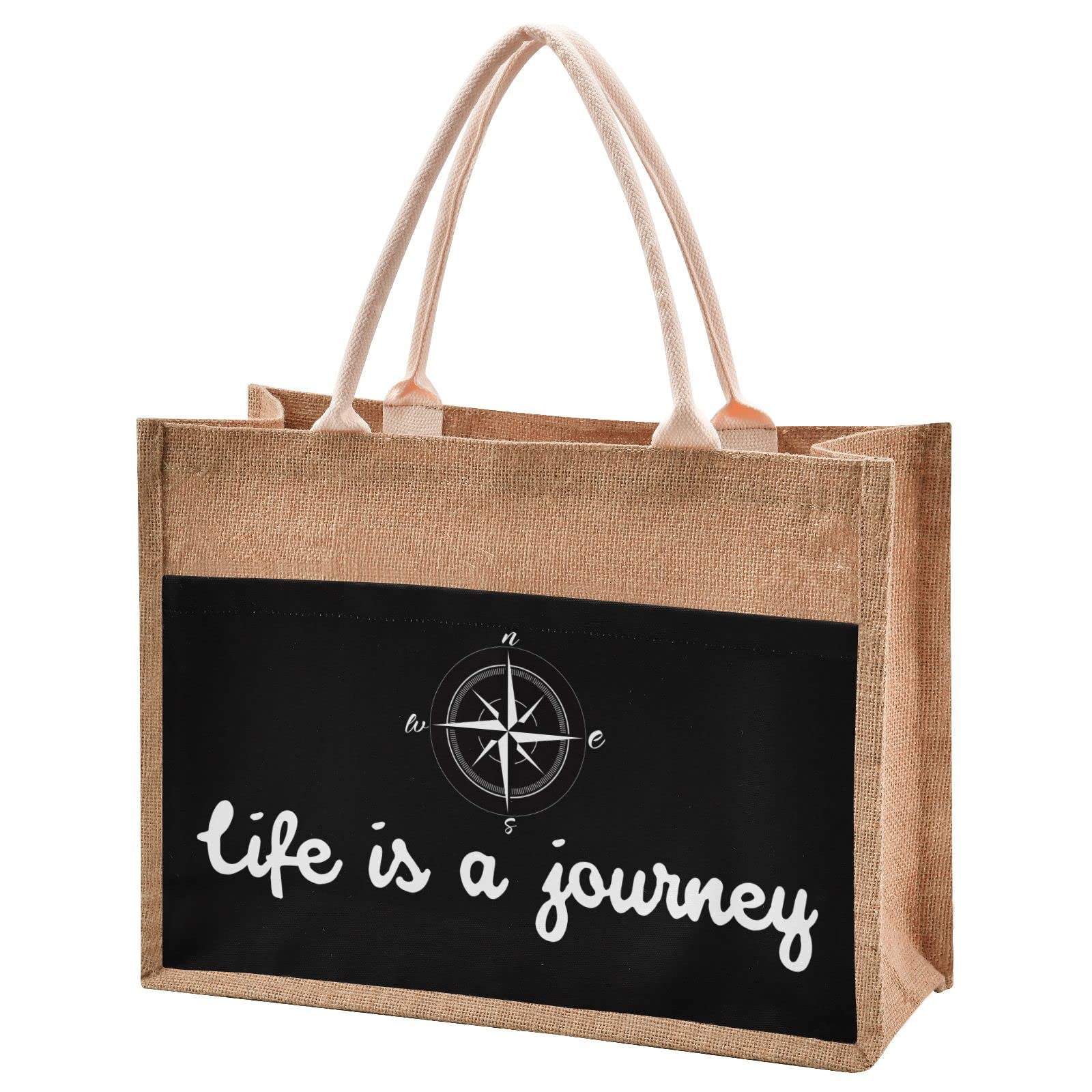 Linqin Life Is A Journey Jute Tote Bag - Waterproof Burlap Straw Grocery Shopping Bag for Women, Eco-Friendly Reusable Beach Tote - Perfect for Travel, Market, Picnic & Daily Use