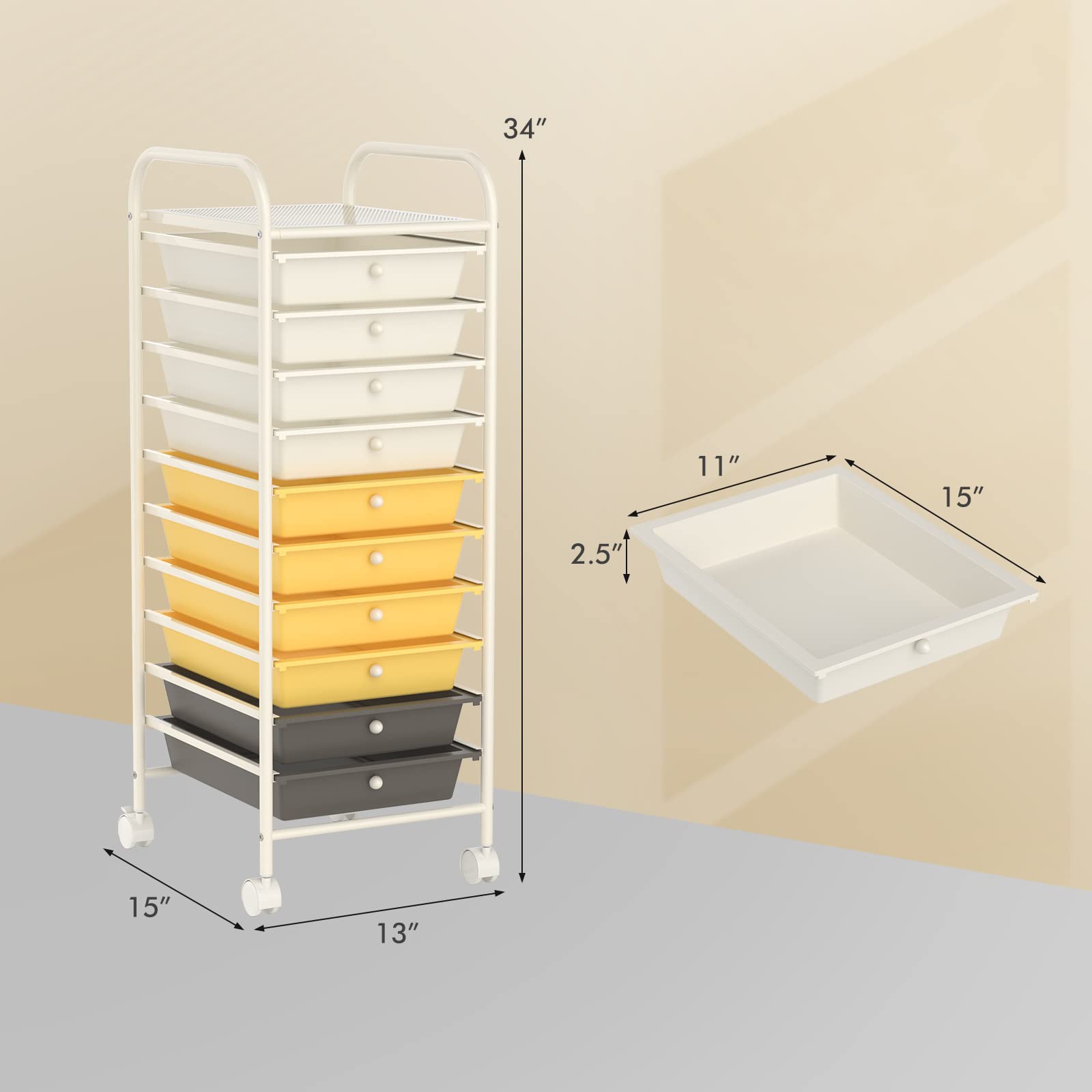 COSTWAY 10-Drawer Rolling Storage Cart with Removable Drawers, Universal Casters & 2 Brakes | Mobile Utility Trolley for Home Office Organization | Perfect for Craft Supplies, Beauty Products & School Essentials (Yellow)