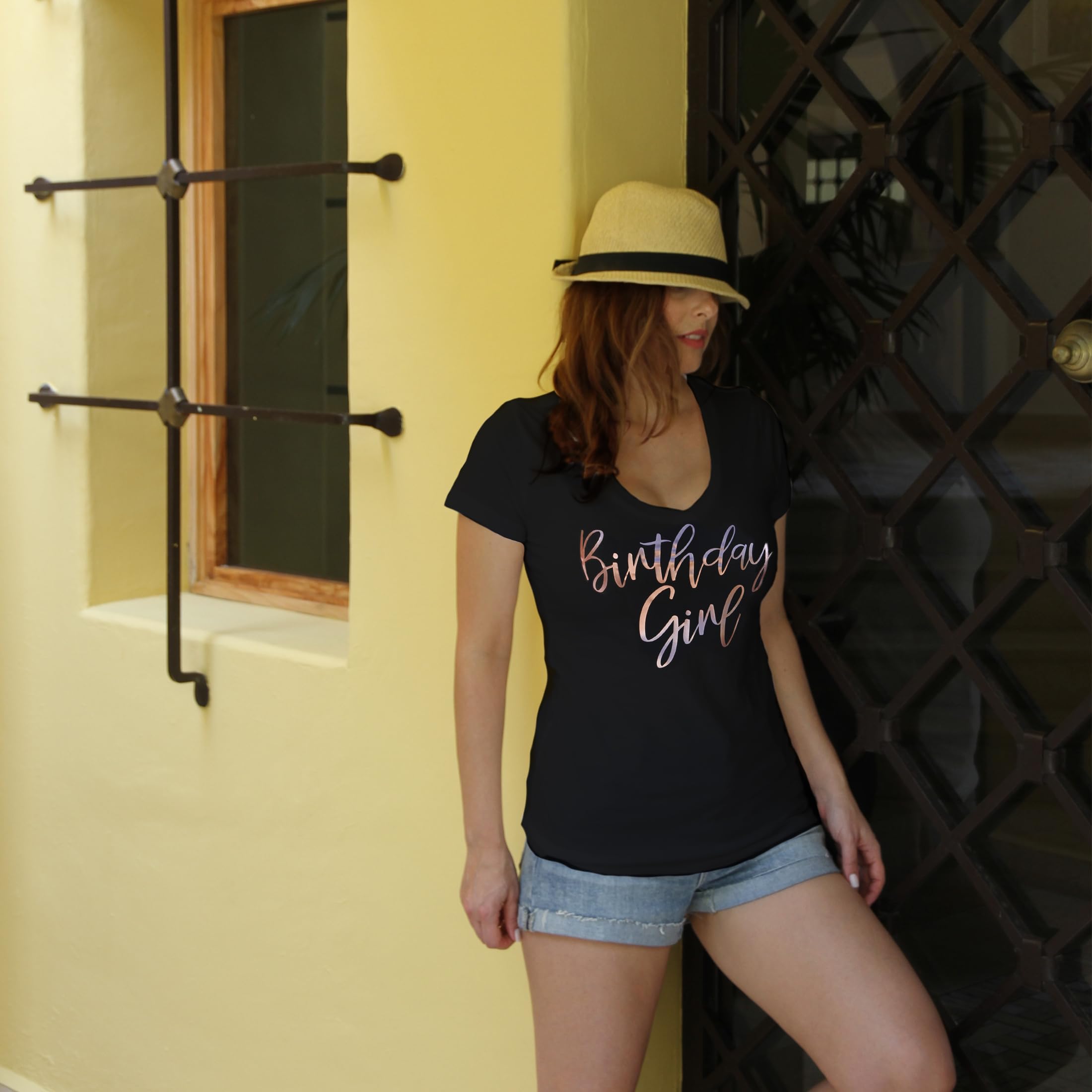 Birthday Girl T-Shirt for Women - Rose Gold Metallic Print V-Neck Tee - Perfect for Birthday Parties & Celebrations