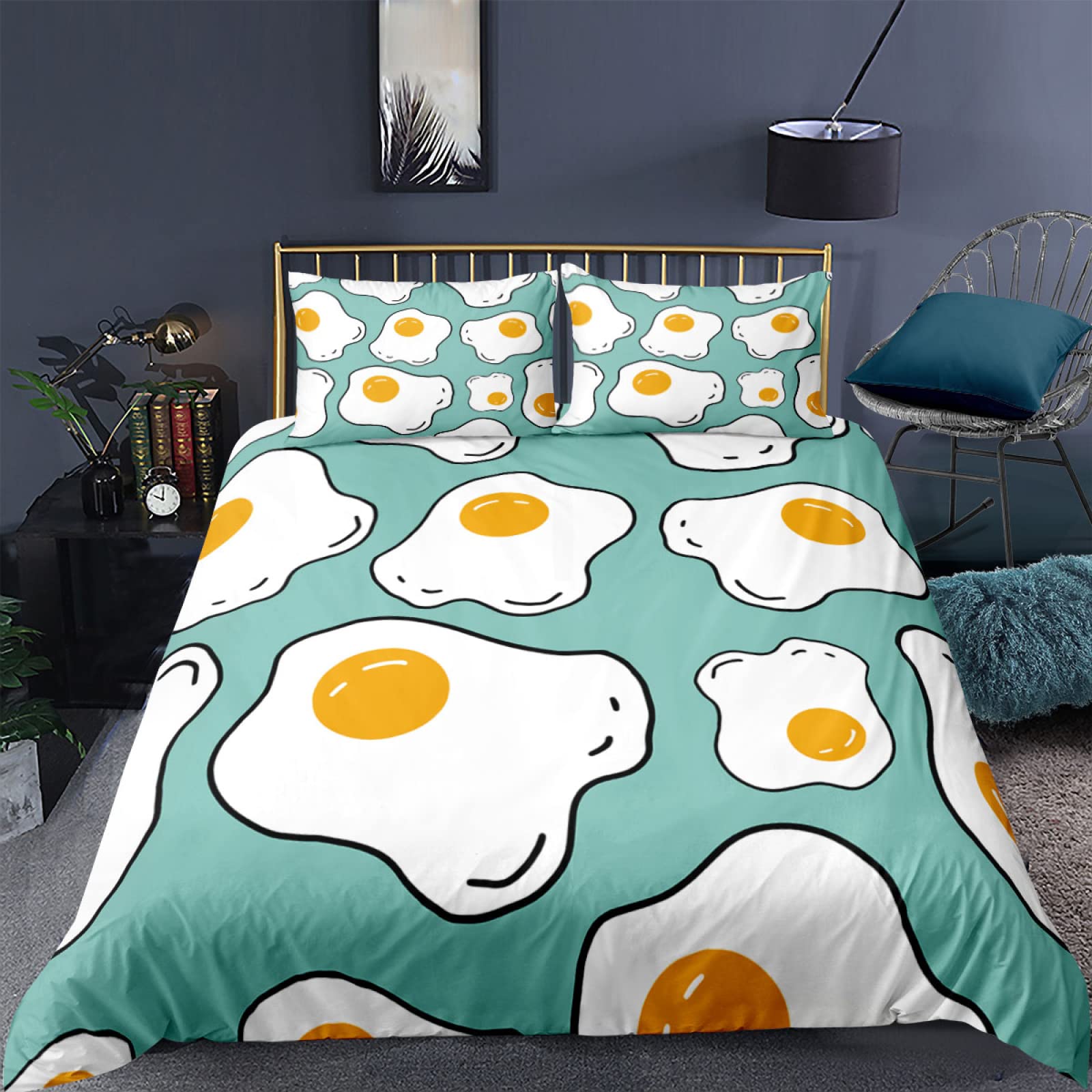 3D Printed Cartoon Fried Egg Queen Size Comforter Set - Green Background Microfiber Polyester Bedding with 2 Pillow Shams (3-Piece) | Soft & Durable Zipper Closure | Perfect for Kids' Rooms, Dorm Decor & Fun Bedroom Themes