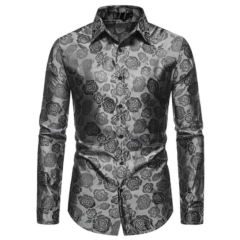 Men's Slim Fit Rose Printed Casual Shirt - Grey | Stylish Button Down Shirt for Work, Date & Everyday Wear