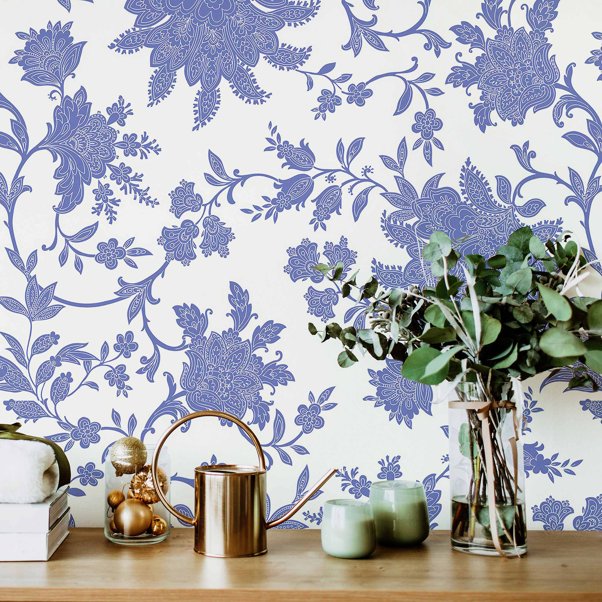 Blue Flowers Peel and Stick Removable Wallpaper - Self-Adhesive Decorative Wall Covering for Bedroom, Living Room, Nursery & Office Decor