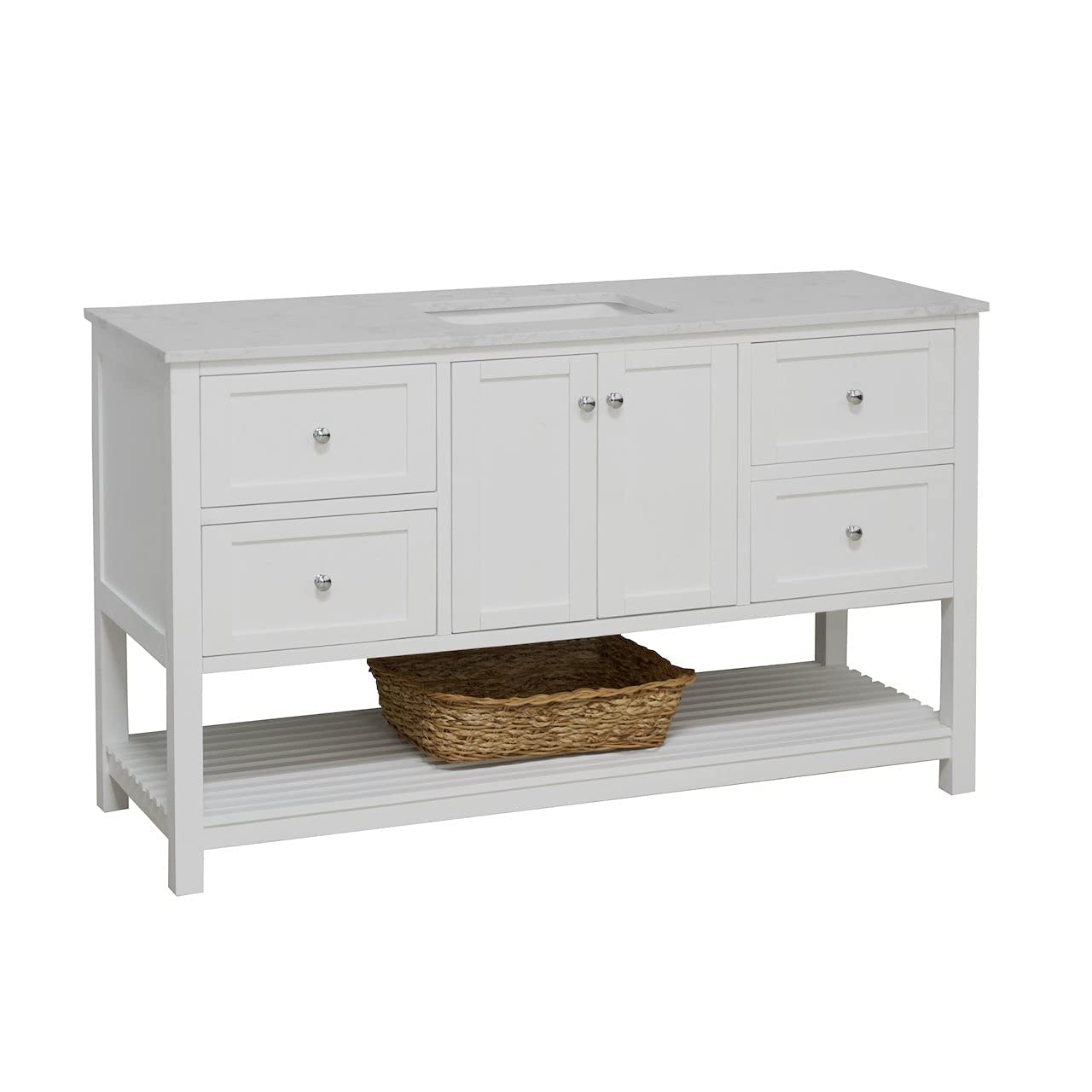 60-inch Single Bathroom Vanity with White Cabinet & Engineered Carrara Countertop - Includes White Ceramic Sink | Modern Bathroom Storage Solution for Small Spaces | Perfect for Master Bath, Guest Bath & Apartment Renovations