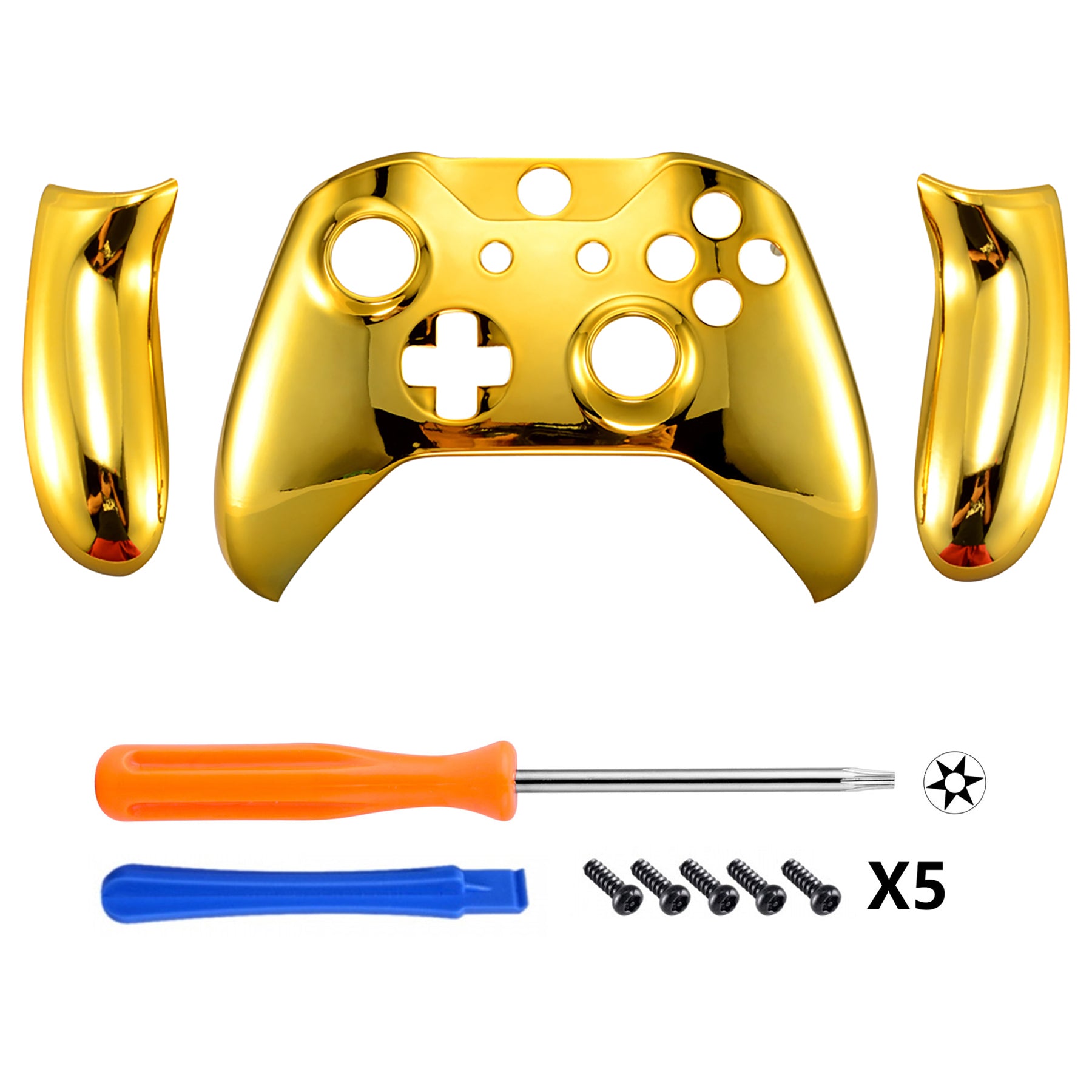 eXtremeRate Chrome Gold Glossy Replacement Front Housing Shell with Side Rails Panel for Xbox One X & S Controller (Model 1708) - Premium Gaming Accessory for Enhanced Controller Customization & Style