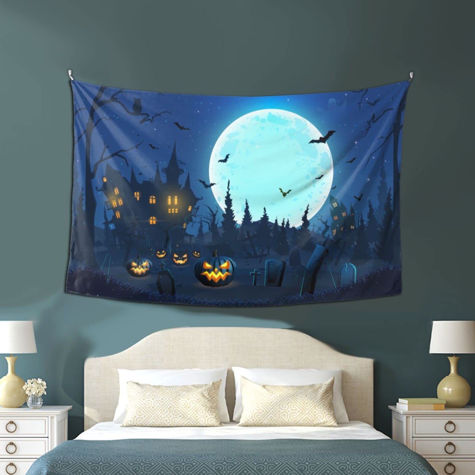 Vthxloi Halloween Tapestry - Spooky Moon & Pumpkin Wall Hanging for Home Decor (60x40 Inches) | Hippie Aesthetic Dorm Room Tapestry for Bedroom, Living Room & Party Decorations