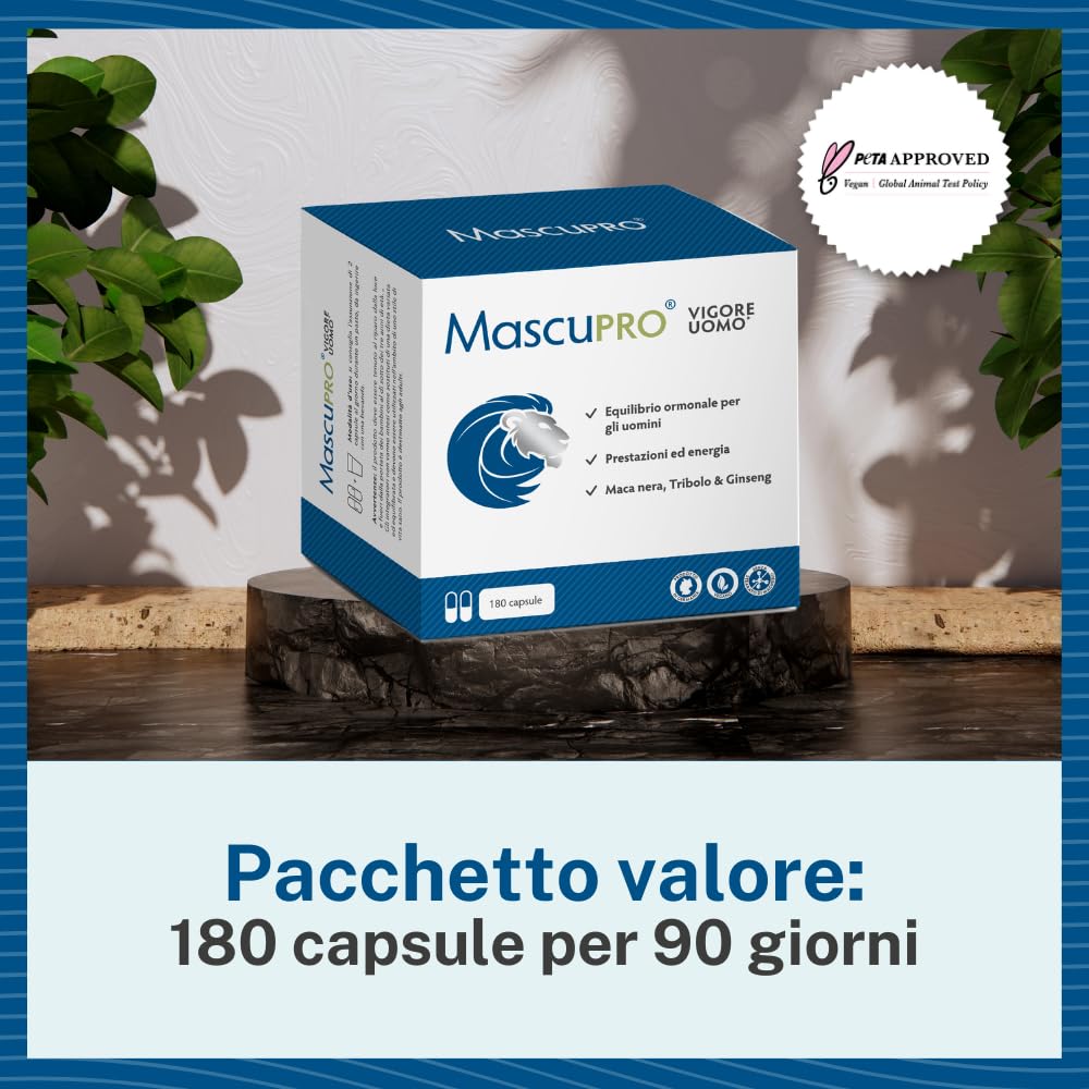 MascuPRO® Vigore Uomo Black Maca Extract 20:1 with Tribulus Terrestris, Cordyceps, Fenugreek, Zinc & Ginseng | 180 Capsules for Energy & Performance | Men's Health Supplement for Stamina, Vitality & Workout Recovery