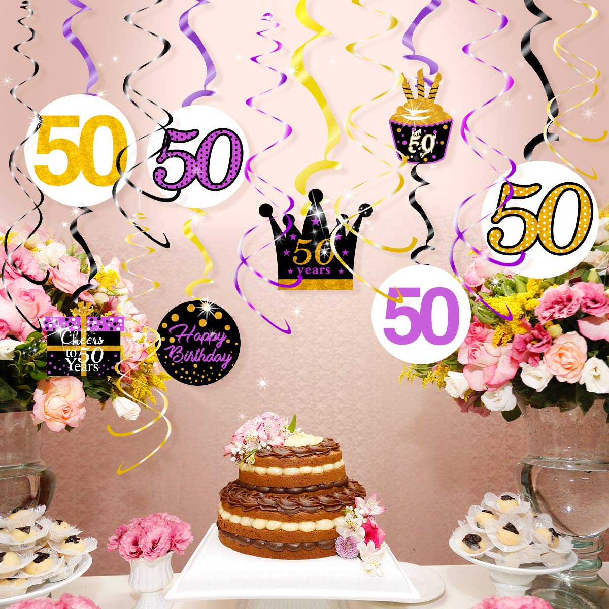 Elegant Purple & Gold 50th Birthday Party Decorations - Hanging Swirls for Women's Milestone Celebration | Perfect for 50 Years Old Birthday Party, Anniversary & Special Occasions
