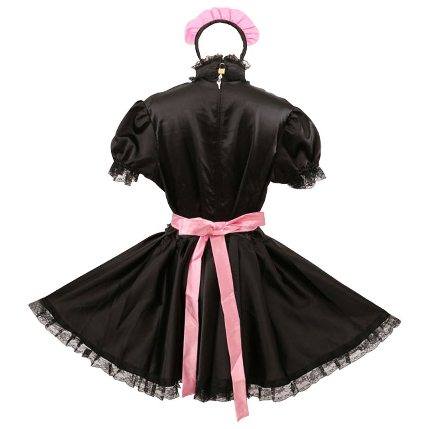 Sexy Lockable French Maid Costume - Satin Pink & Black Dress Uniform for Roleplay, Cosplay & Halloween Parties