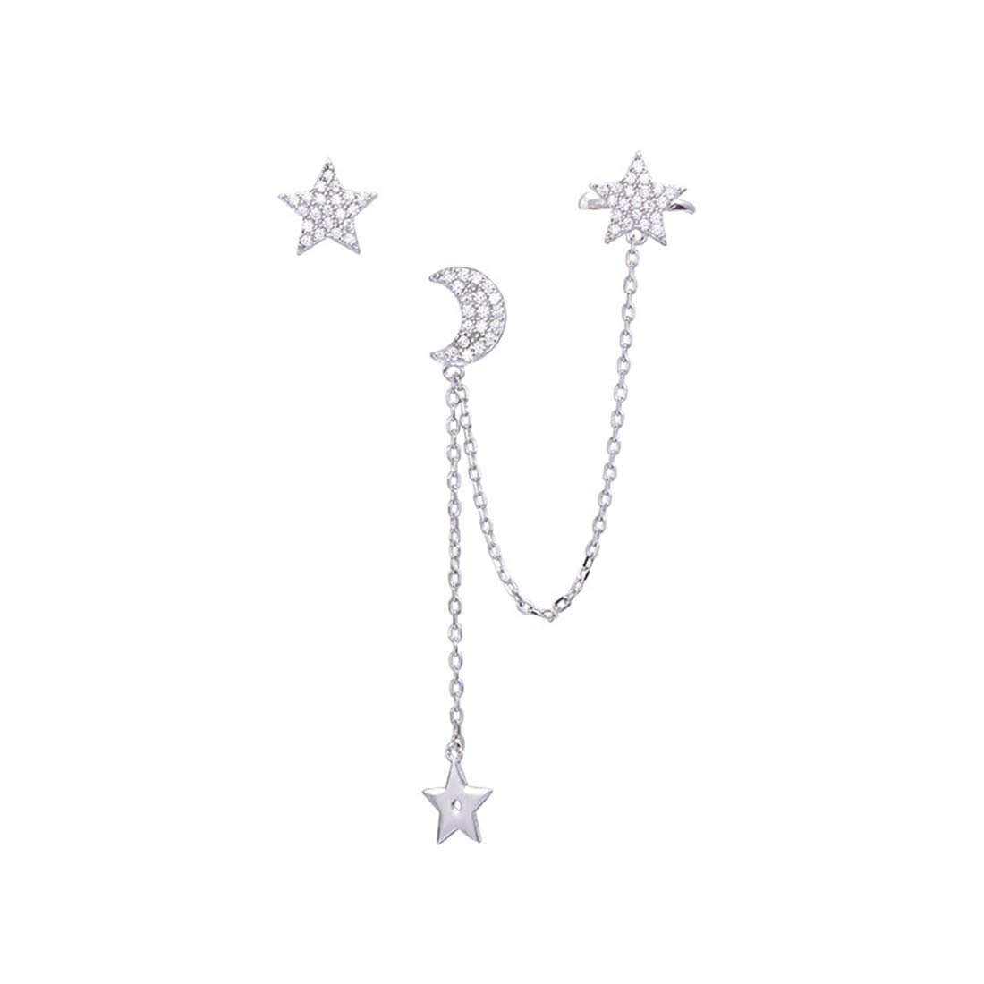 925 Sterling Silver Asymmetric Star Moon Crawler Earrings for Women - Dangling Chain Cuff Earrings for Party, Date Night & Special Occasions