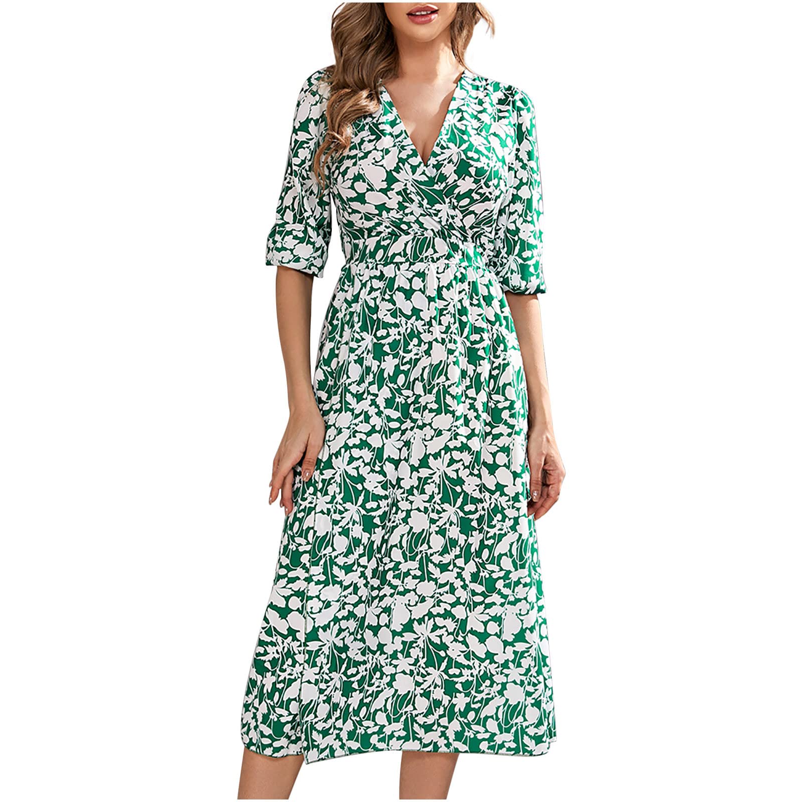 Kitimi Women's Bohemian Green Floral Print A-Line V-Neck Maxi Dress - Perfect for Beach Vacations, Summer Holidays & Casual Outings