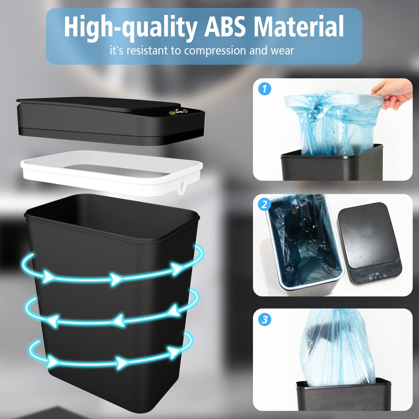 3-Pack Automatic Motion Sensor Trash Can with Lid - 2.6 Gallon Slim Waterproof Touchless Garbage Bin for Bathroom, Bedroom, Office & Living Room - Black | Perfect for Small Spaces, Home Decor & Hands-Free Waste Disposal