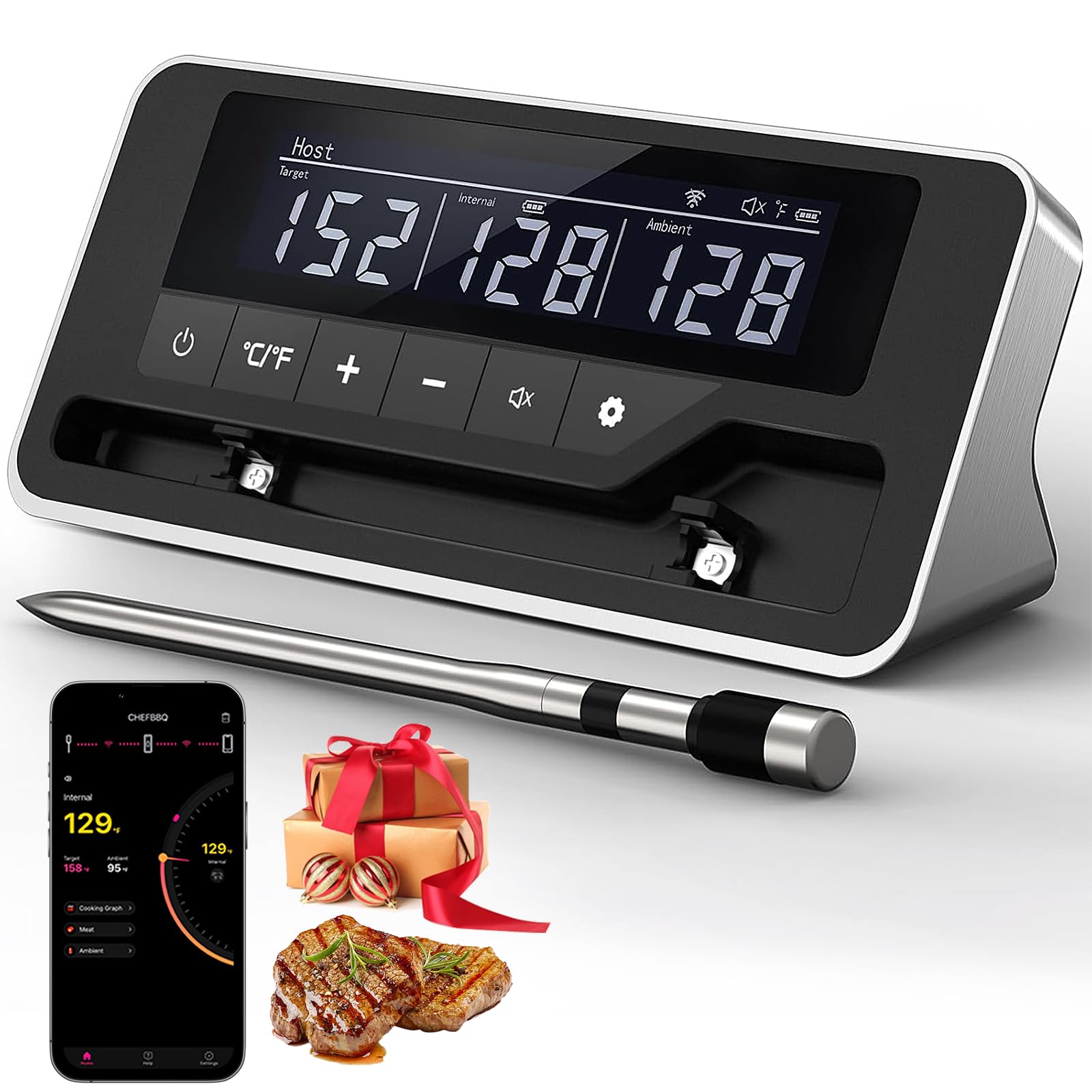 Smart Wireless Meat Thermometer with 5mm Ultra-Thin Probe - Bluetooth BBQ Thermometer with Large LCD Display for Grilling, Smoking, Baking & Air Frying - Perfect for Steak, Turkey, Chicken & Home Cooking (Single Probe)