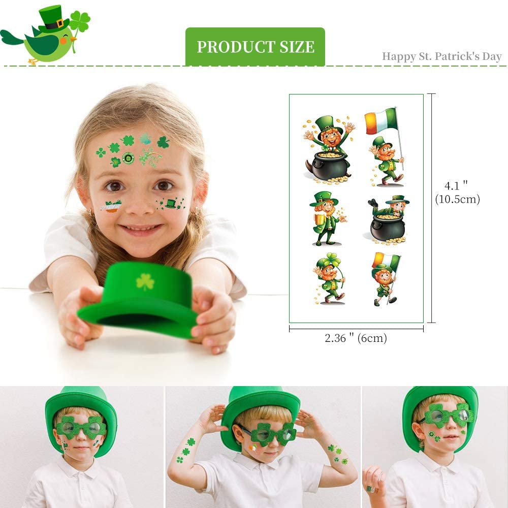 20 Unique Shamrock St. Patrick's Day Temporary Tattoos for Kids - Irish Party Favors, Face & Body Stickers for Parades, Festivals & Celtic Celebrations