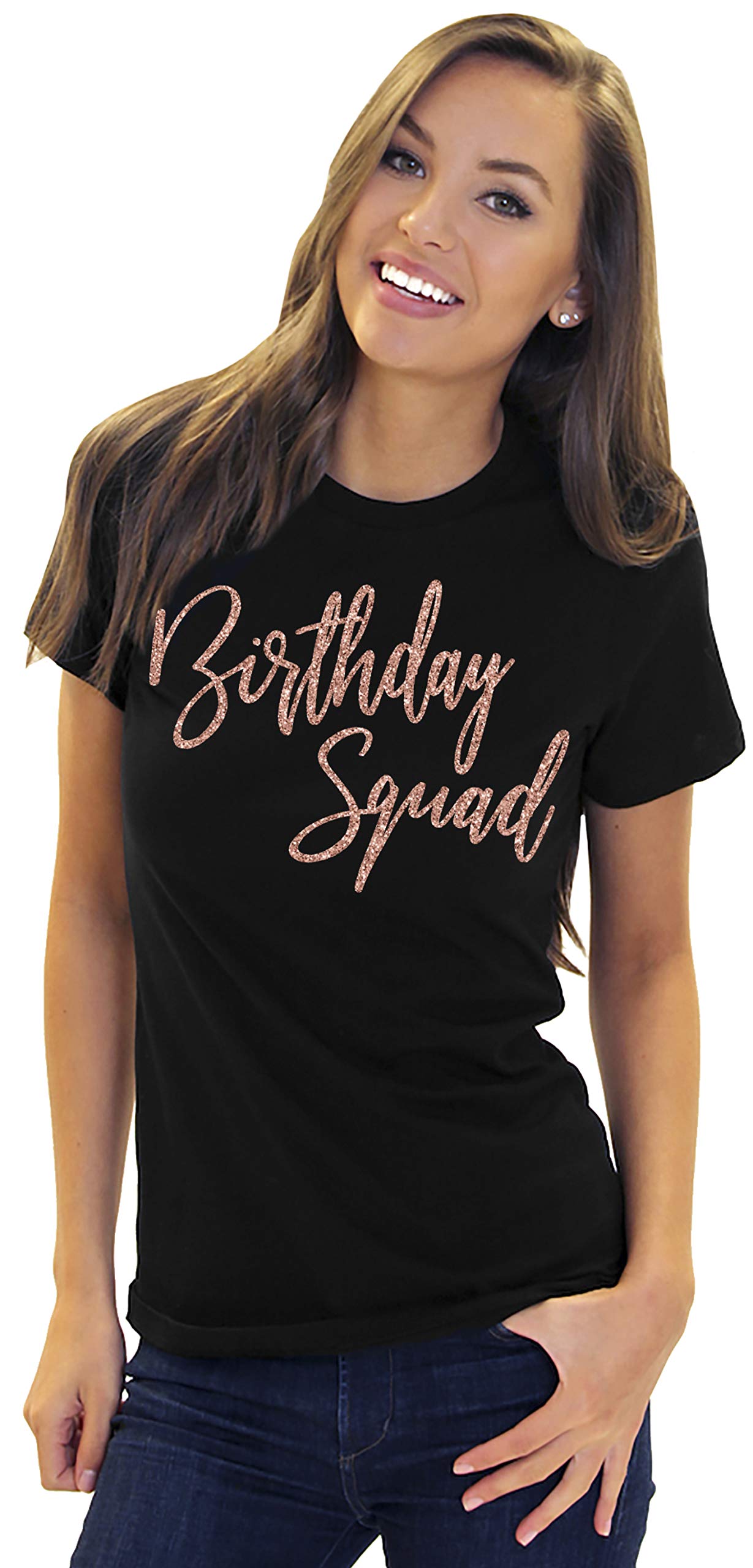 Women's Birthday Squad Rose Gold Glam T-Shirt - Black Party Tee for Women - Small Size - Perfect for Girls' Night Out, Bachelorette Parties & Birthday Celebrations
