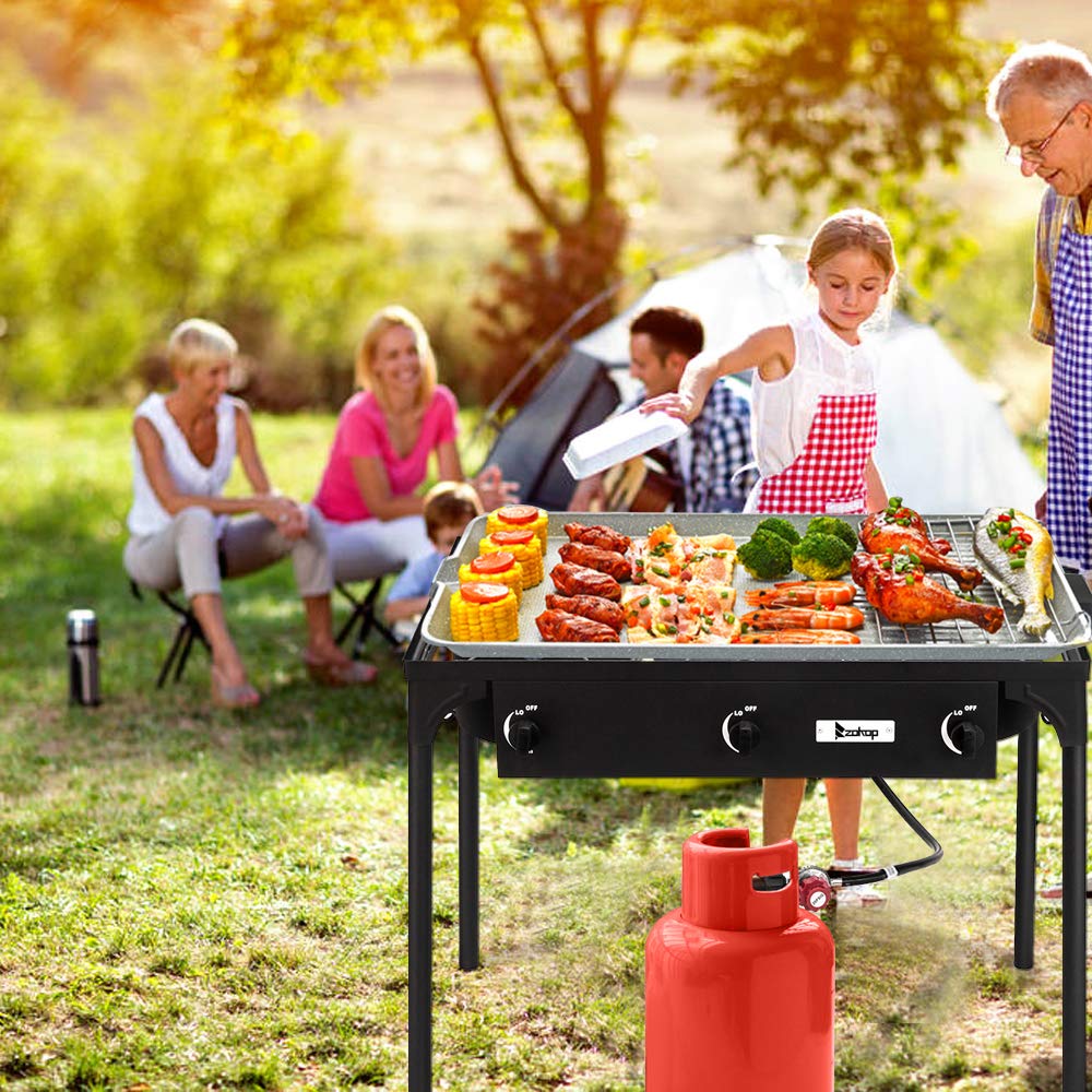 Portable Outdoor Propane Gas Burner Stove - Heavy Duty Cast Iron Camping Cooktop for Home Brewing, Backpacking & Patio Cooking (3 Burner, Black) - Perfect for Camping Trips, BBQ Parties & Outdoor Adventures