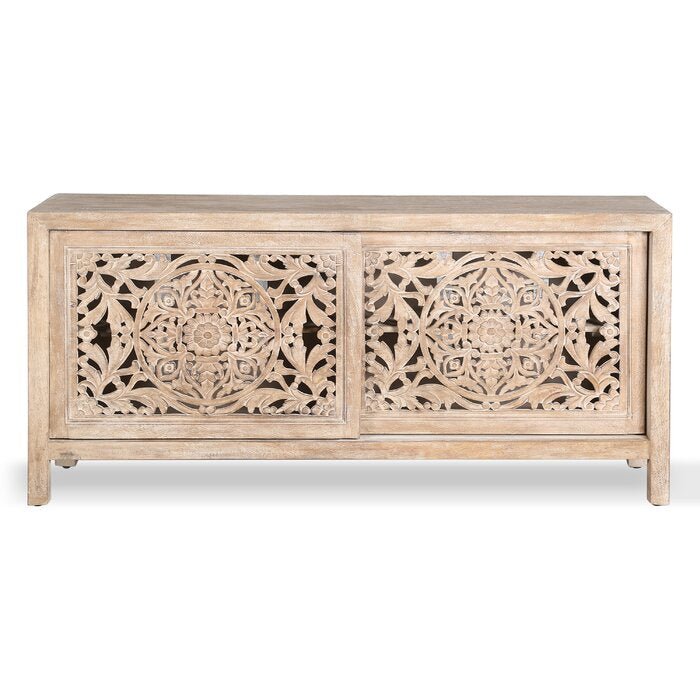 Hand Carved Mandala Inspired Botanical Patterns Media Console - Solid Wood TV Stand with Storage for Living Room, Bedroom & Home Decor