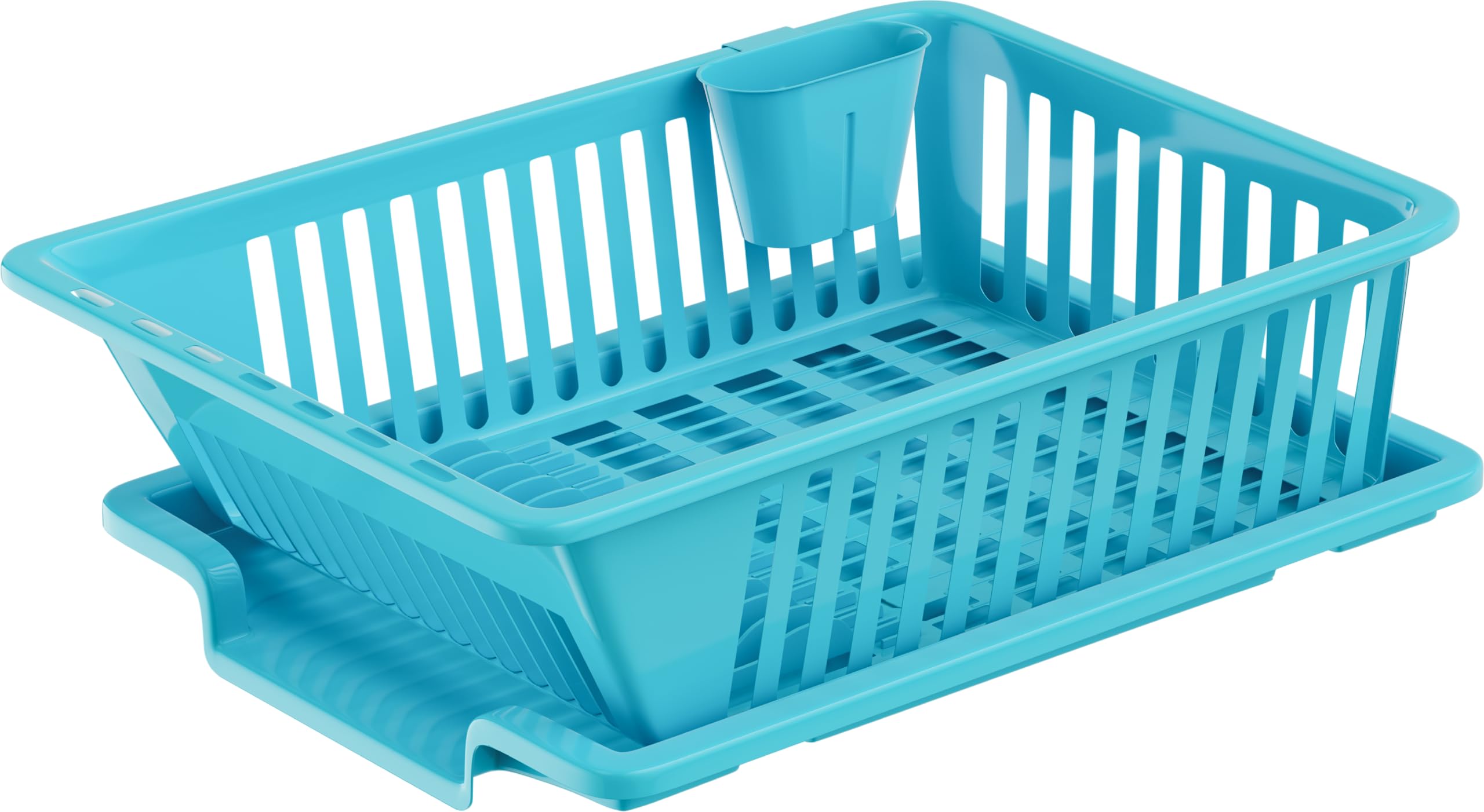Floraware 3-in-1 Large Glossy Plastic Utensil Basket with Spoon Holder & Removable Dish Drainer - Durable, Lightweight, Unbreakable Modular Kitchen Organizer (Blue) - Perfect for Dish Drying, Utensil Storage & Countertop Organization