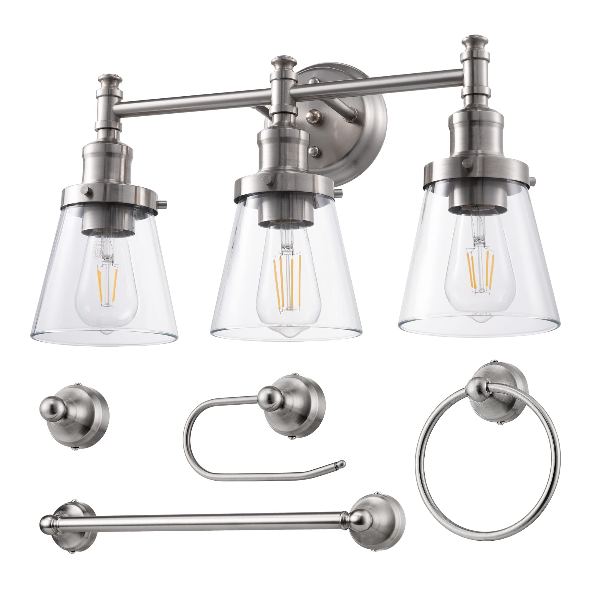 DEWENWILS 5-Piece Bathroom Light Fixture Set - Brushed Nickel Vanity Light with Glass Shades, Towel Bar, Ring, Robe Hook & Toilet Paper Holder | Complete Bathroom Lighting & Accessories for Modern Homes | Perfect for Bathroom Renovation & Spa-Like Atmosphere