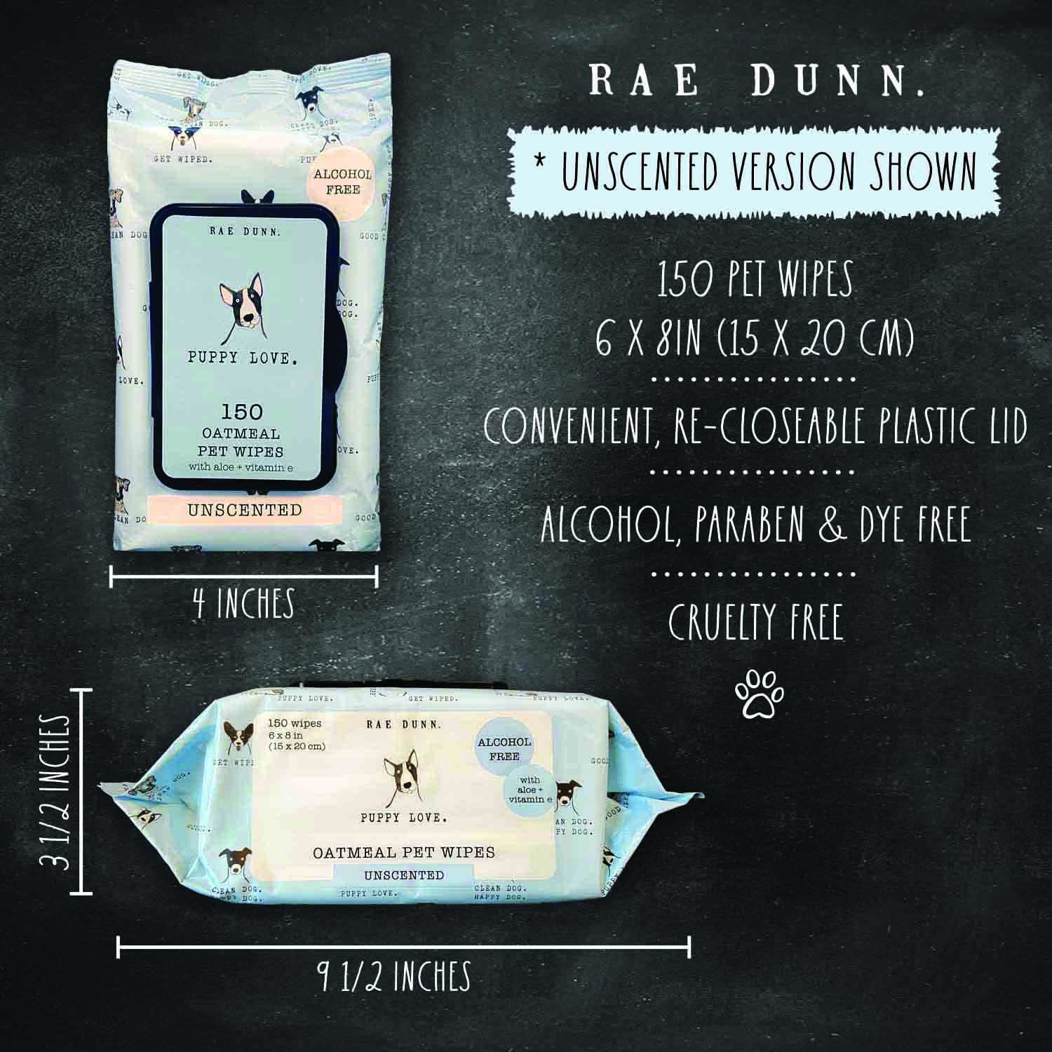 Rae Dunn Oatmeal Pet Wipes for Dogs & Cats - Alcohol-Free with Aloe Vera & Vitamin E, Lavender Mint Scented, 150 Count - Gentle Cleaning for Paws, Face & Fur After Walks or Grooming