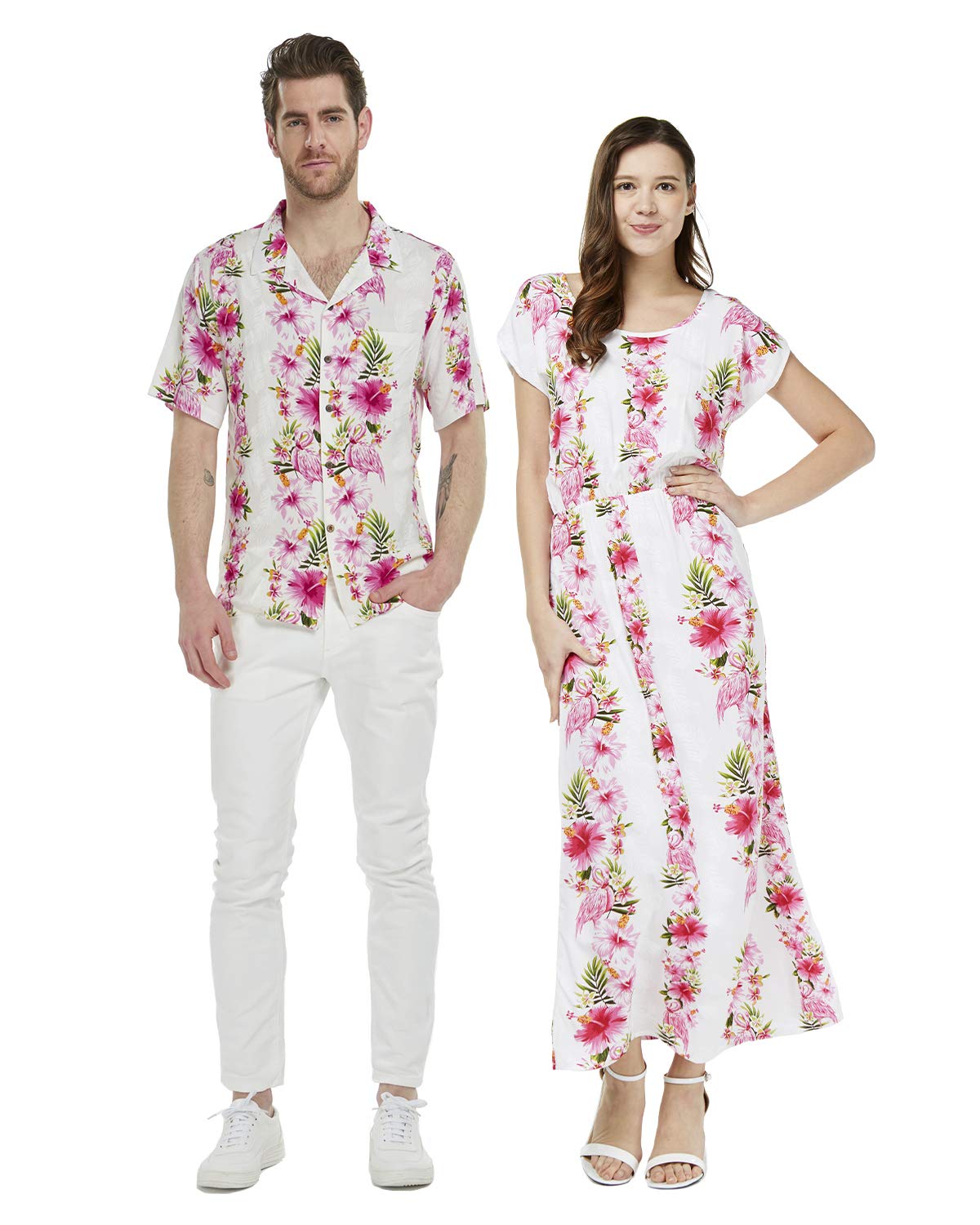 Hawaiian Luau Matching Couple Outfits - Hibiscus Blue Cap Sleeve Maxi Dress & Shirt Set for Beach Vacation, Summer Party, and Tropical Theme Events