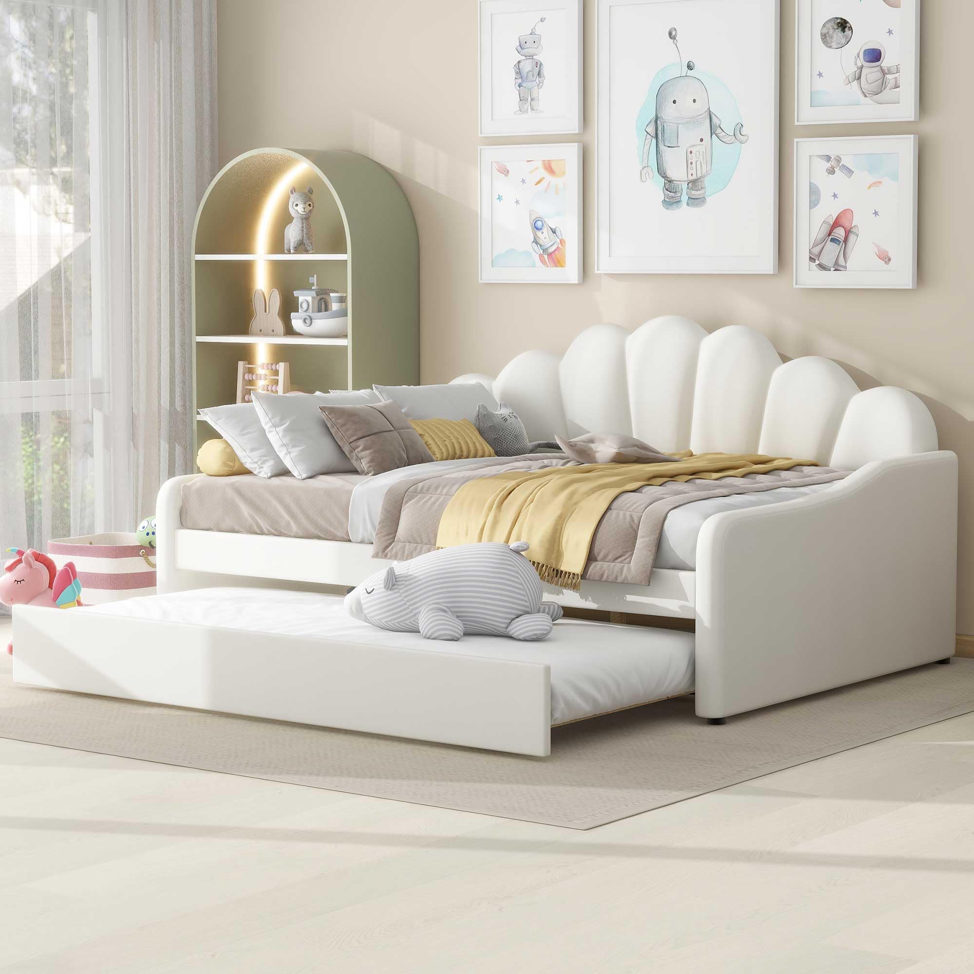 Bellemave Full Size Daybed with Trundle - Convertible Sofa Bed for Adults & Kids, Velvet Upholstered Sleeper for Living Room, Guest Room or Dorm - Beige Modern Furniture for Small Spaces