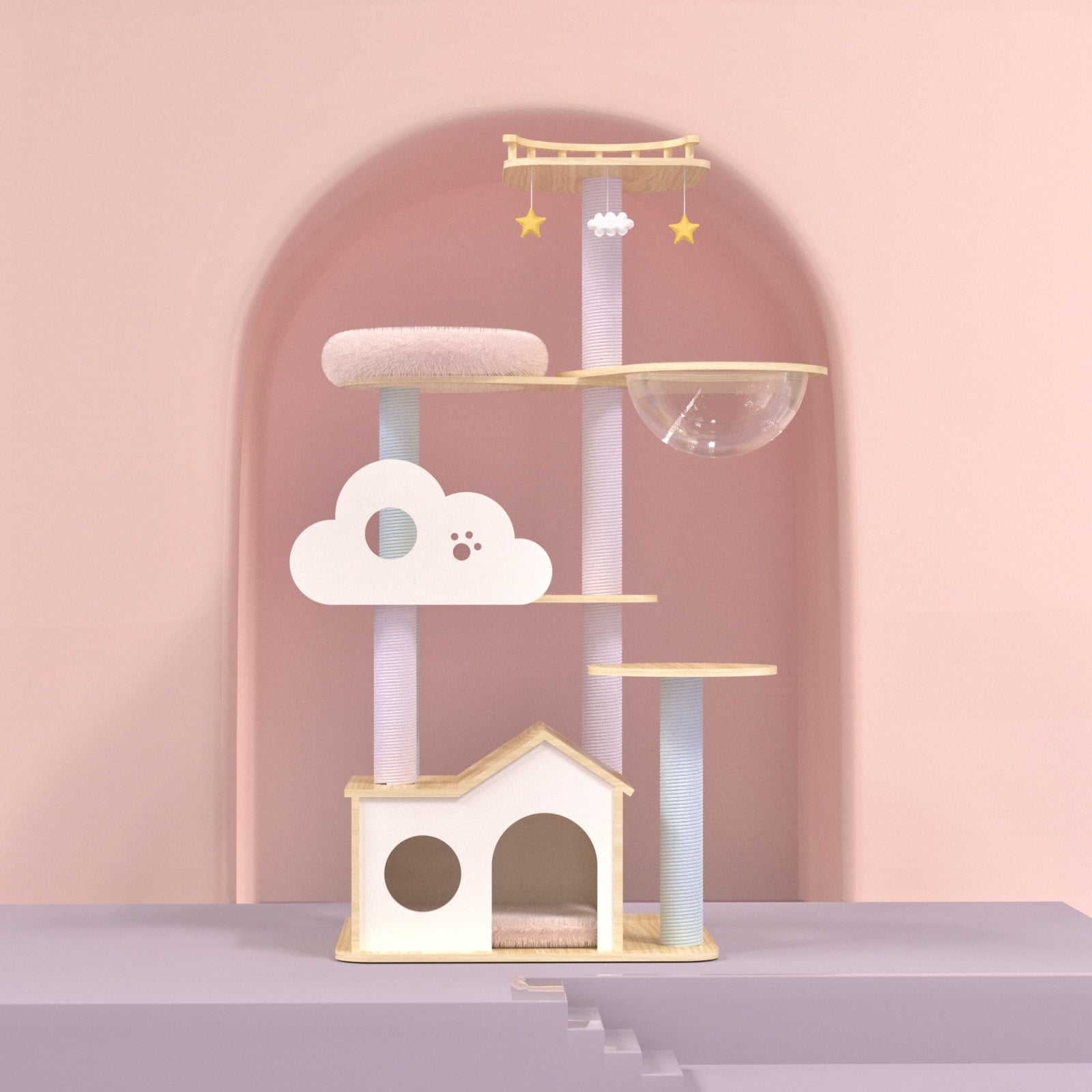135cm Pink Wooden Cat Tree for Large Cats - Multi-Level Playhouse with Scratching Posts & Perches, Perfect for Indoor Climbing & Play (Dreamland Series)