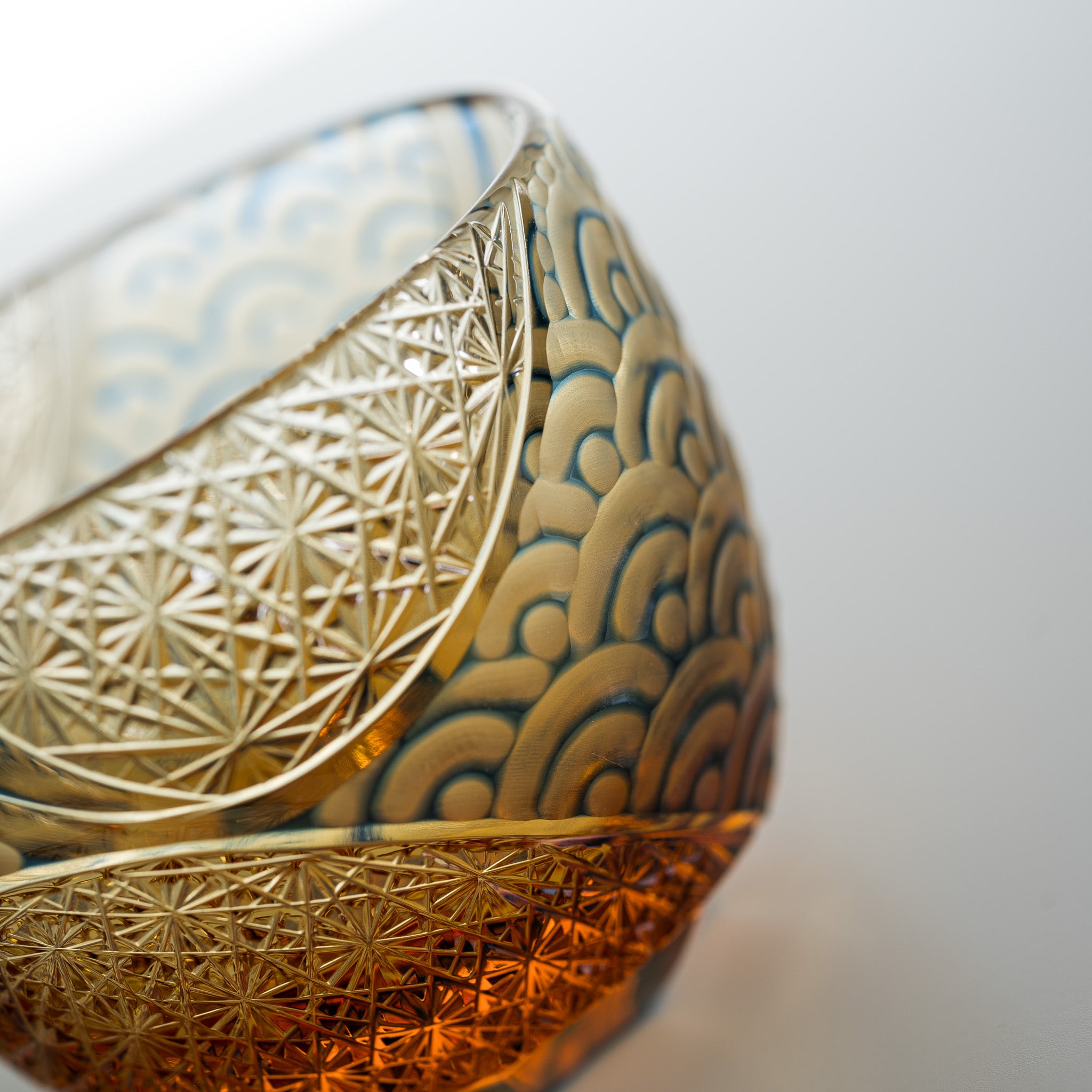 Premium Yamada Crystal Glass Sake Cups - Handcrafted Wave Design in Amber & Blue - Perfect for Japanese Sake, Cocktails, and Elegant Dining Experiences