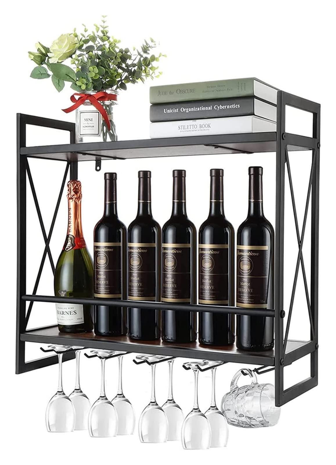 VABUN 23.6 Inch Black Metal Wall Mounted Wine Rack with 2-Tier Wooden Shelves & 5 Wine Glass Holders - Rustic Industrial Wine Storage for Kitchen, Living Room, Bar, Dining Room - Perfect for Home Decor and Entertaining Guests