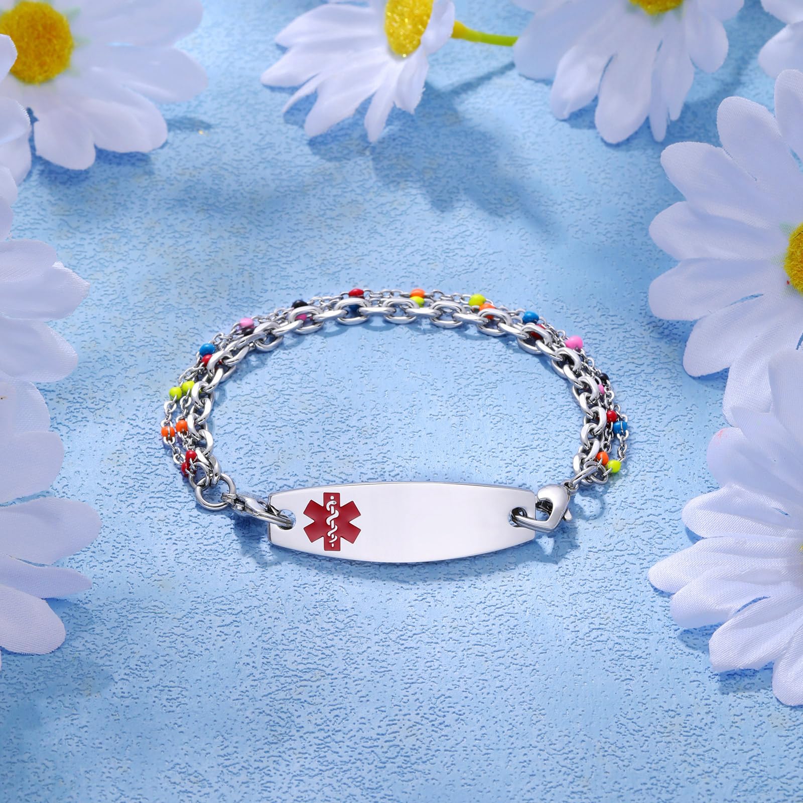 Custom Medical Alert Bracelet for Women - Personalized Engraved Stainless Steel ID Bracelet with 3-Layer Chain (5.5-8.5 Inch Adjustable) - Perfect for Emergency Medical Identification & Daily Wear